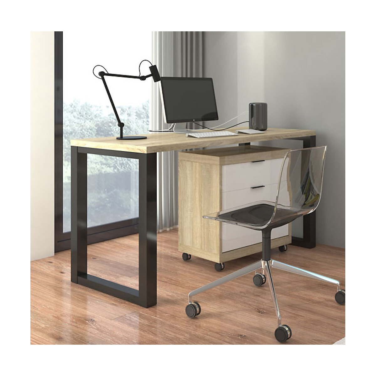 Schreibtisch Set mit Rollcontainer Maro 135x65x75cm schwarz weiß Artisan Eiche