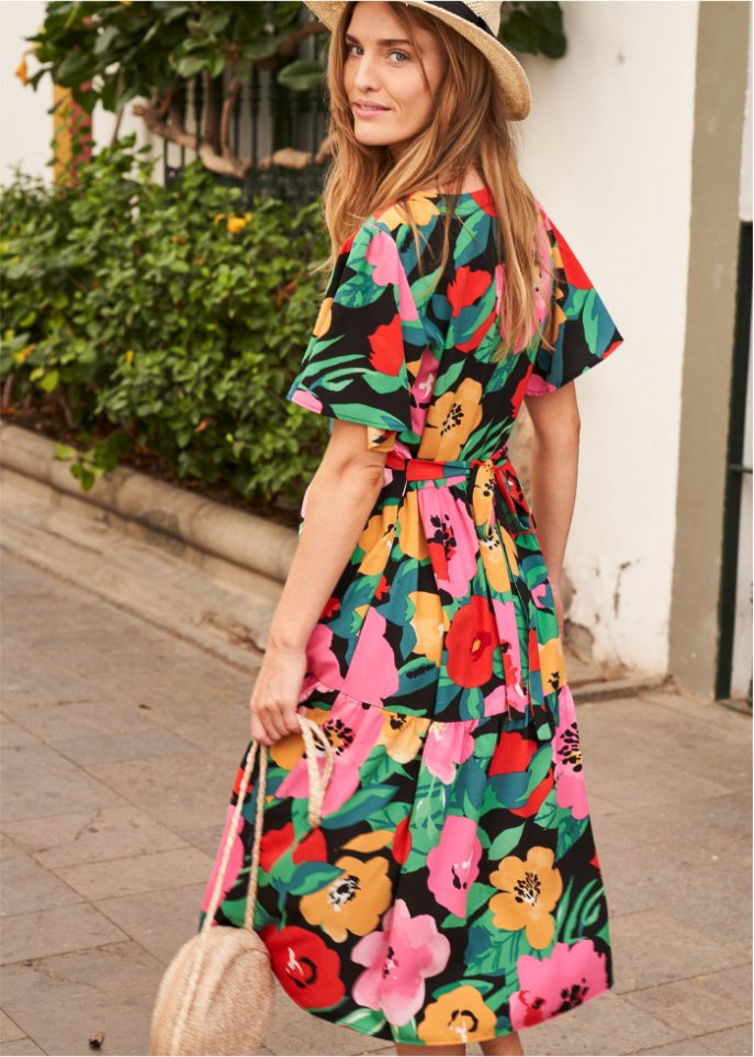 Bedrucktes Midi-Viskosekleid mit V-Ausschnitt