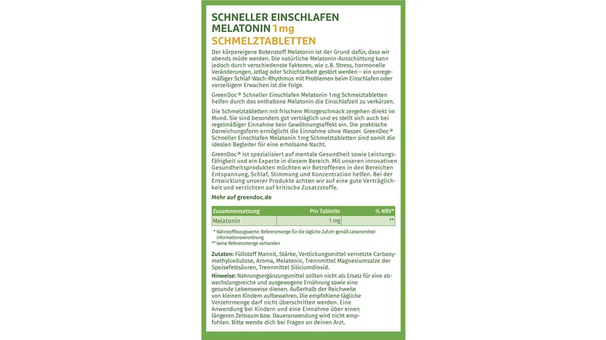 GreenDoc Schneller Einschlafen Melatonin Schmelztabletten