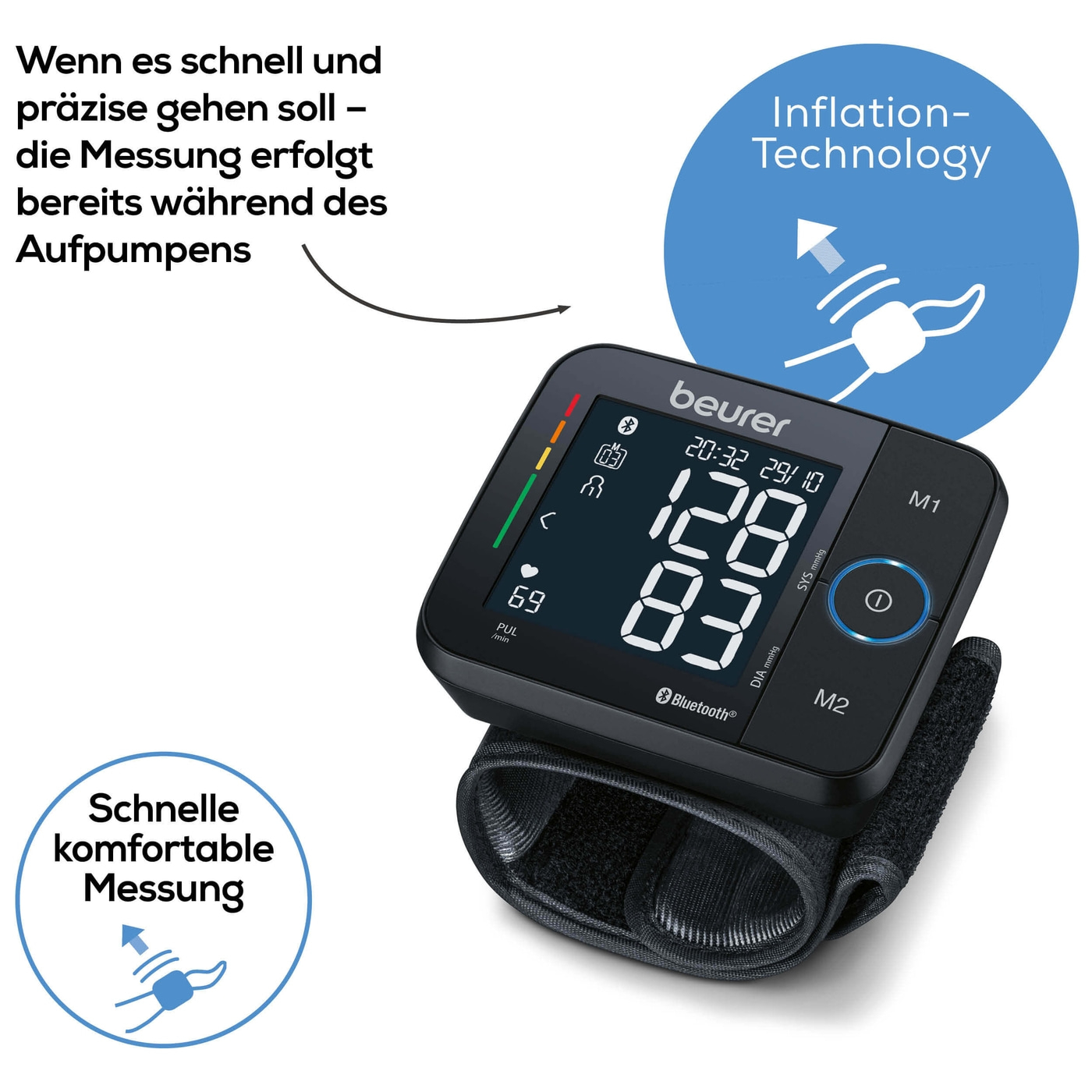 Beurer Handgelenk-Blutdruckmessgerät BC 54 <i>Bluetooth</i>®-Handgelenk-Blutdruckmessgerät mit App & Inflation Technology