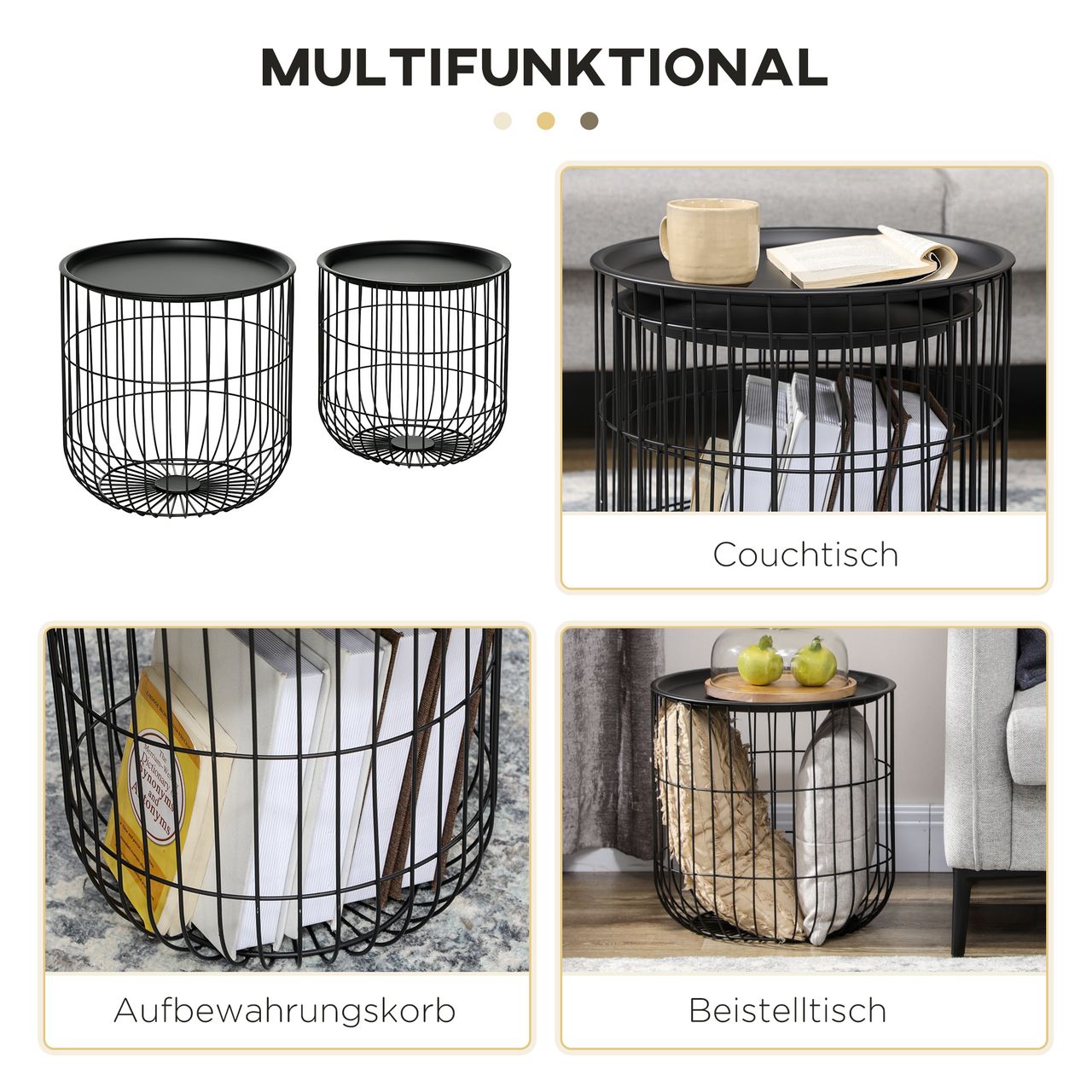 HOMCOM 2er-Set Couchtisch Beistelltisch im Skandidesign Kaffeetisch mit Stauraum