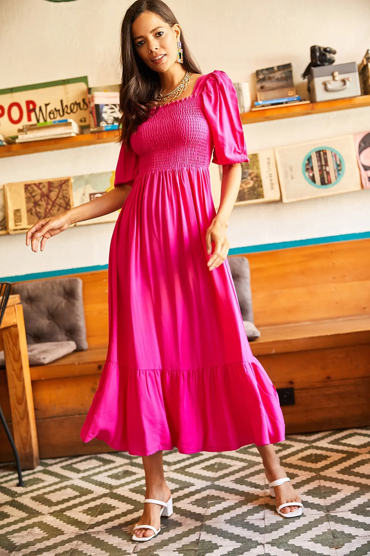 Olalook  Fuchsiafarbenes Bodrum-Kleid mit Gimped-Quadratkragen für Damen ELB-19001557