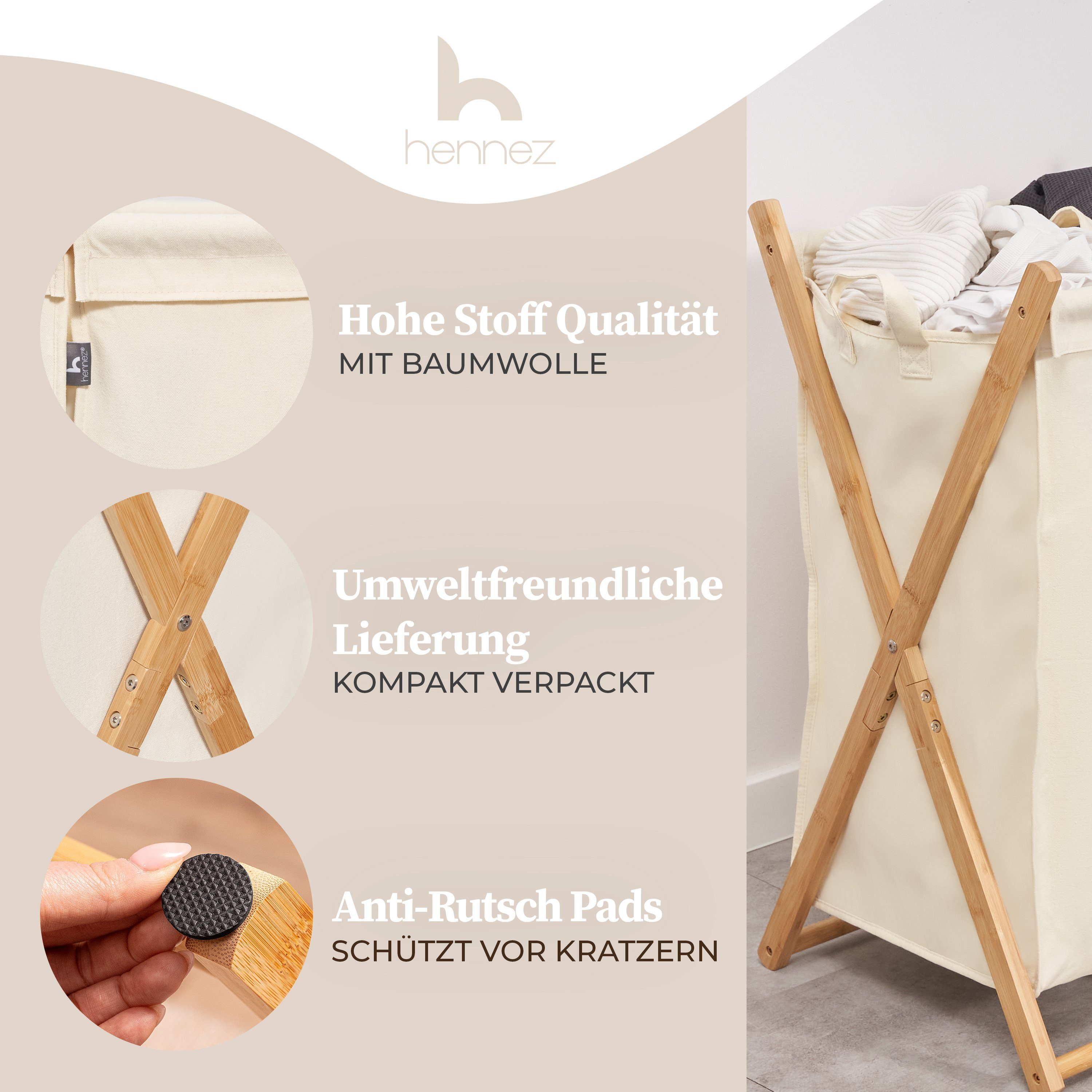 HENNEZ Wäschesortierer 3 Fächer - 150L Wäschesammler Bambus, Herausnehmbare Wäschesäcke - Premium Bambusrahmen