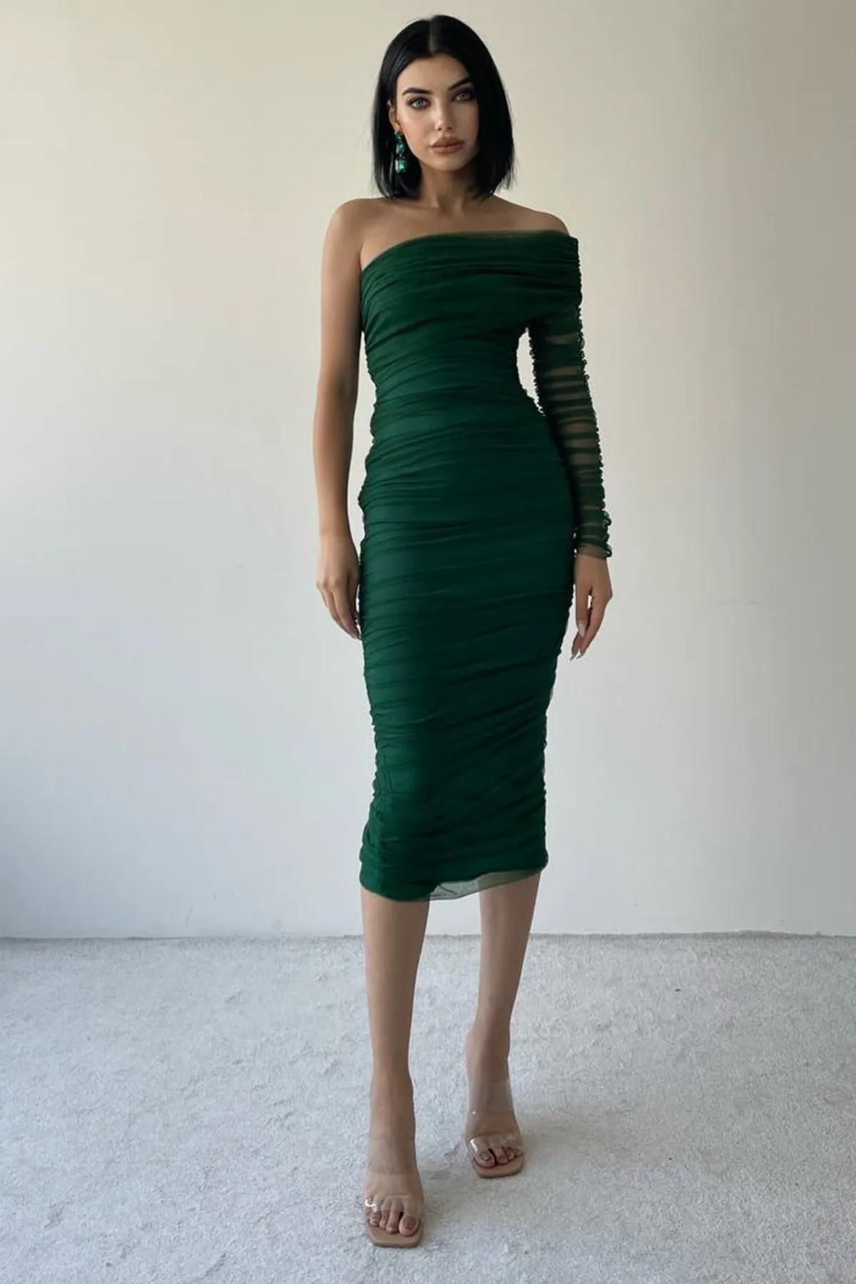 bayansepeti  Gefütterter Tüllstoff, einzelne Ärmel, schmale Passform, Midi-Länge, smaragdgrünes Bleistiftkleid, Verlobungskleid 109