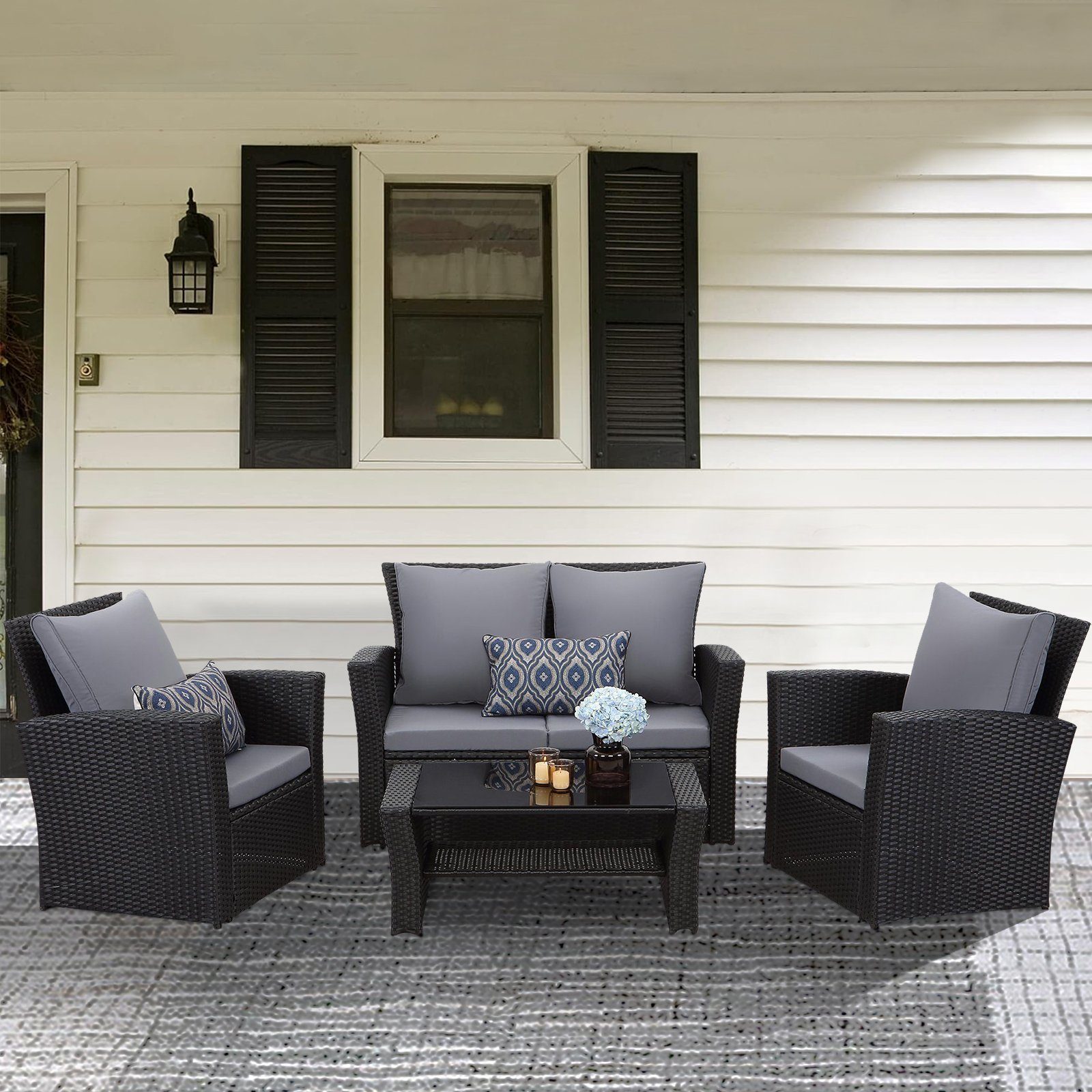 MeXo von GLP HOME Gartenlounge-Set Balkongarnitur Gartenmöbel Set Polyrattan Wetterfest für 3-4 Personen, (Loungeset Kleiner Balkon Sitzgruppe, 4-tlg., Balkonset, Sitzgarnitur mit Kissen), Gartengarnitur für Lounge Klein Terrasse Garten Indoor Outdoo