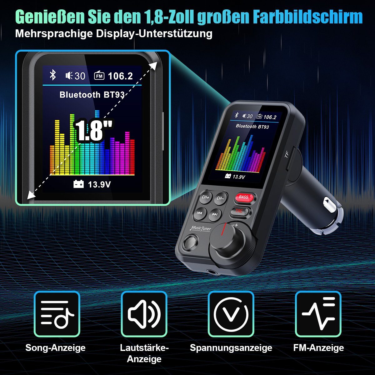 7Magic FM Transmitter Bluetooth 5.0 KFZ-Transmitter, KFZ Dual USB Auto Ladegerät für Handy Radio Adapter