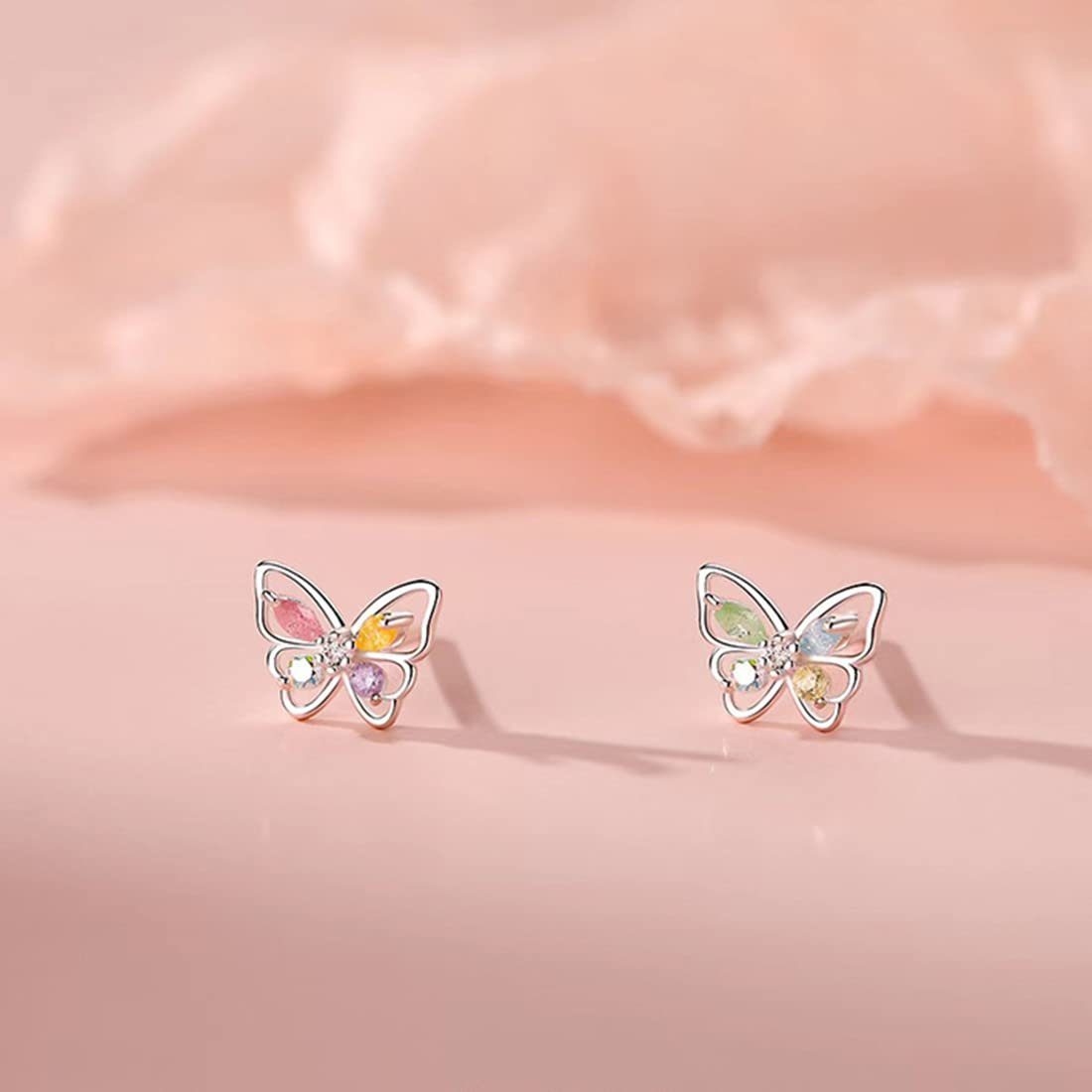 POCHUMIDUU Paar Ohrstecker 925 Sterling Silber Farbige Zirkon Schmetterling Ohrringe Klein, Kinder Ohrstecker mädchen für Kinde,Damen,Mädchen