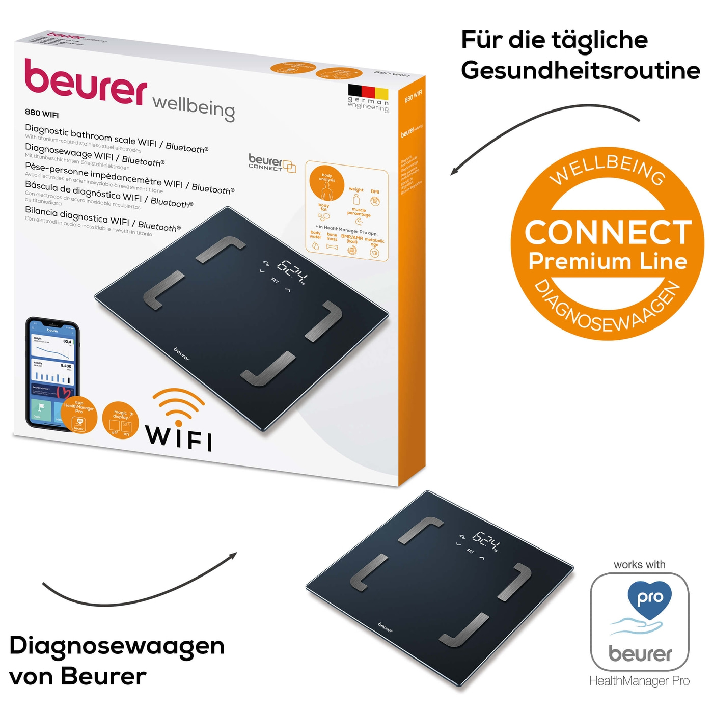 Beurer Diagnosewaage BF 880 WIFI-Diagnosewaage mit App Verknüpfung und umfangreicher Analysefunktion
