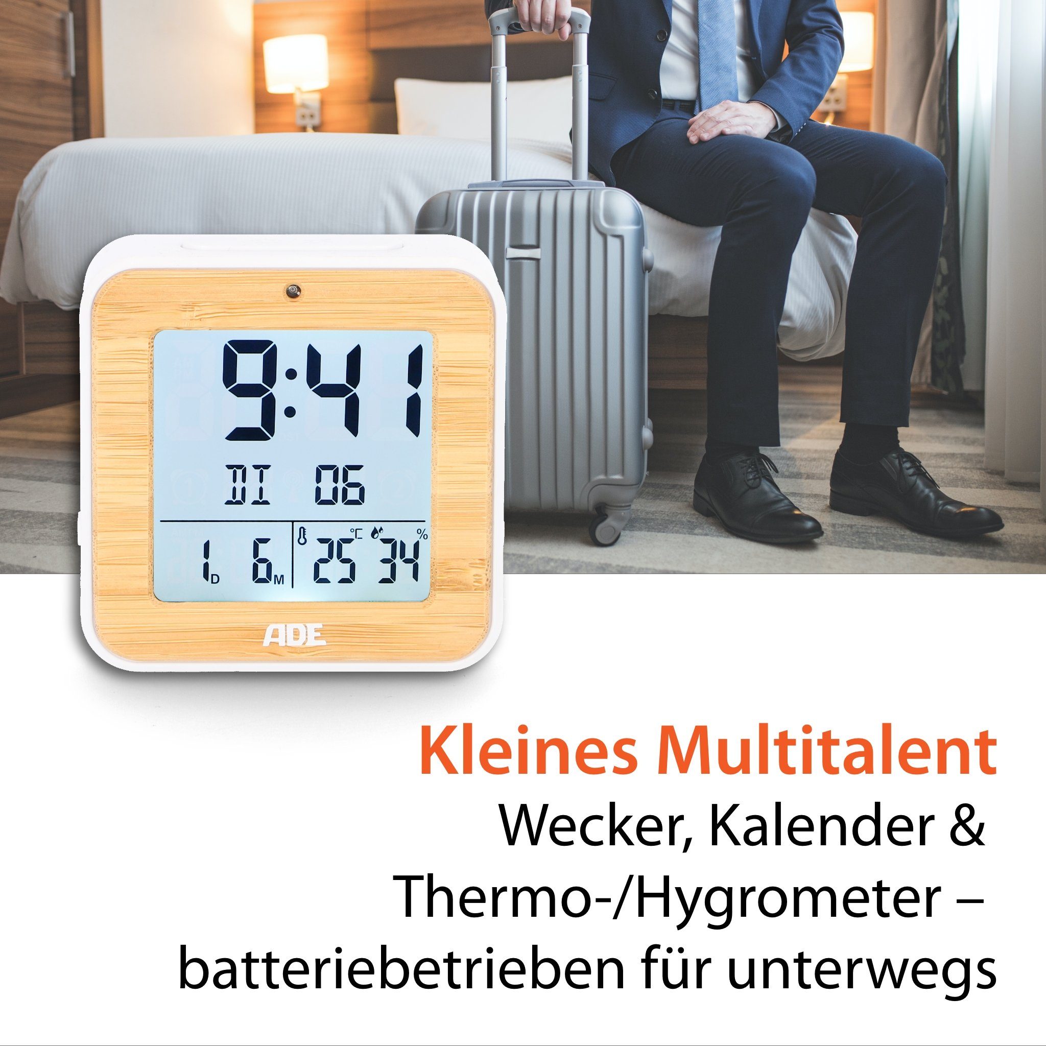 ADE Funkwecker Wecker digital funk mit Temperatur und Luftfeuchtigkeit automatischer Lichtsensor, 2 Weckzeiten, Schlummerfunktion