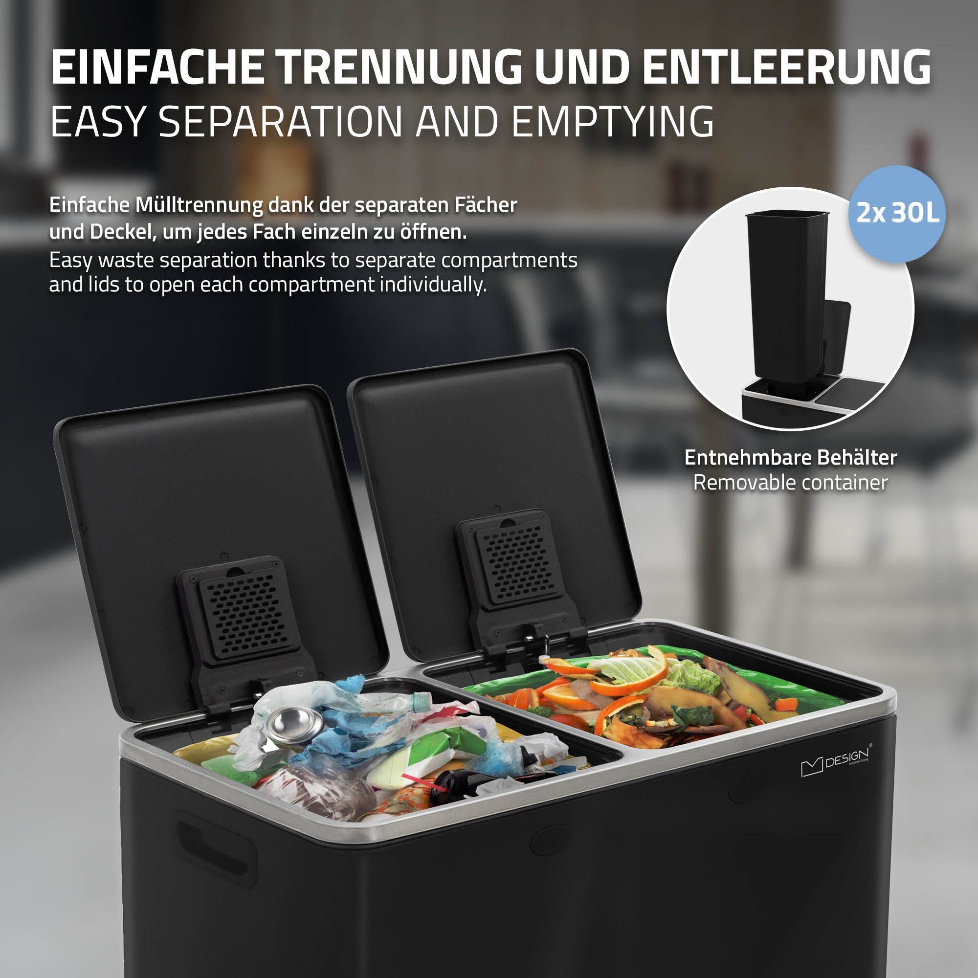ML-DESIGN Mülleimer Mülltrennsystem Treteimer Abfalleimer, 2x30L Schwarz Edelstahl Inneneimer Klappdeckel Softclose luftdicht