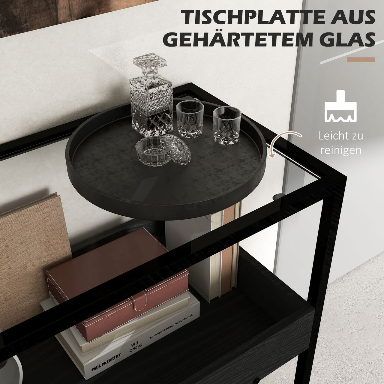 HOMCOM Konsolentisch mit 2 Regalen Flurtisch mit Glasplatte Schuhregal für Flur