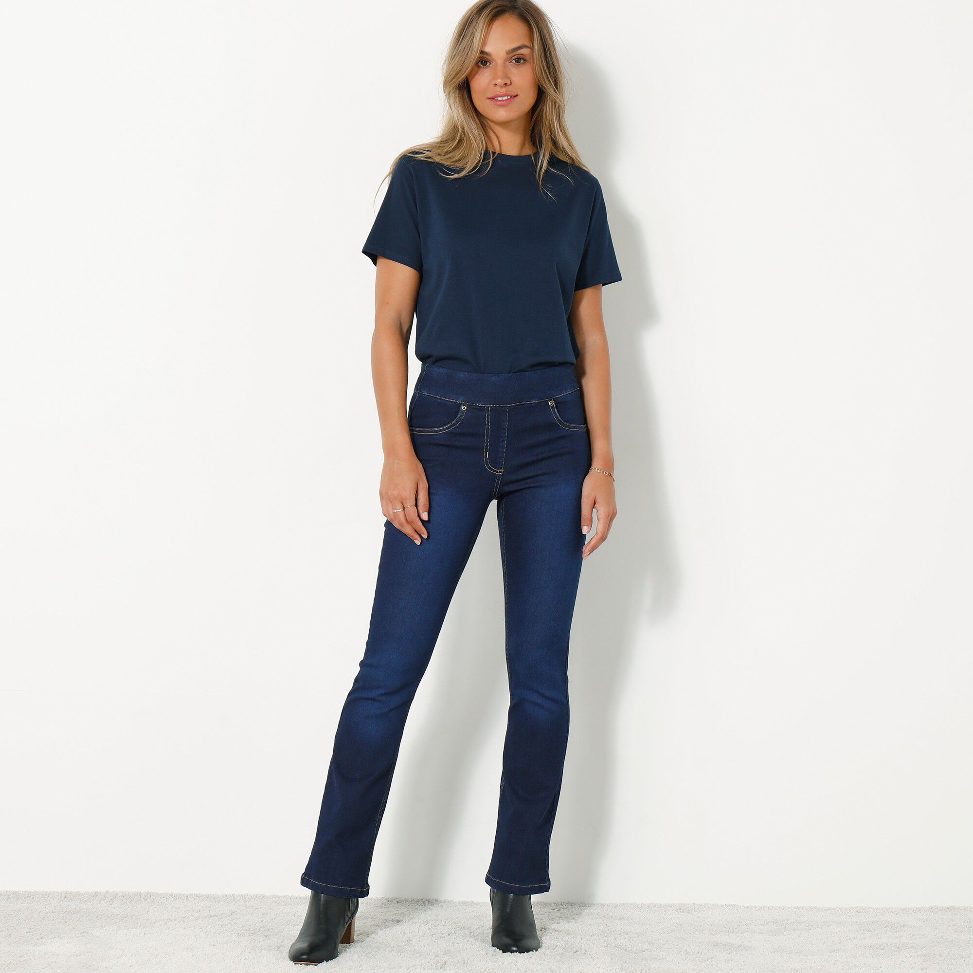 Jean bootcut ultra confort, maille effet denim, petite stature