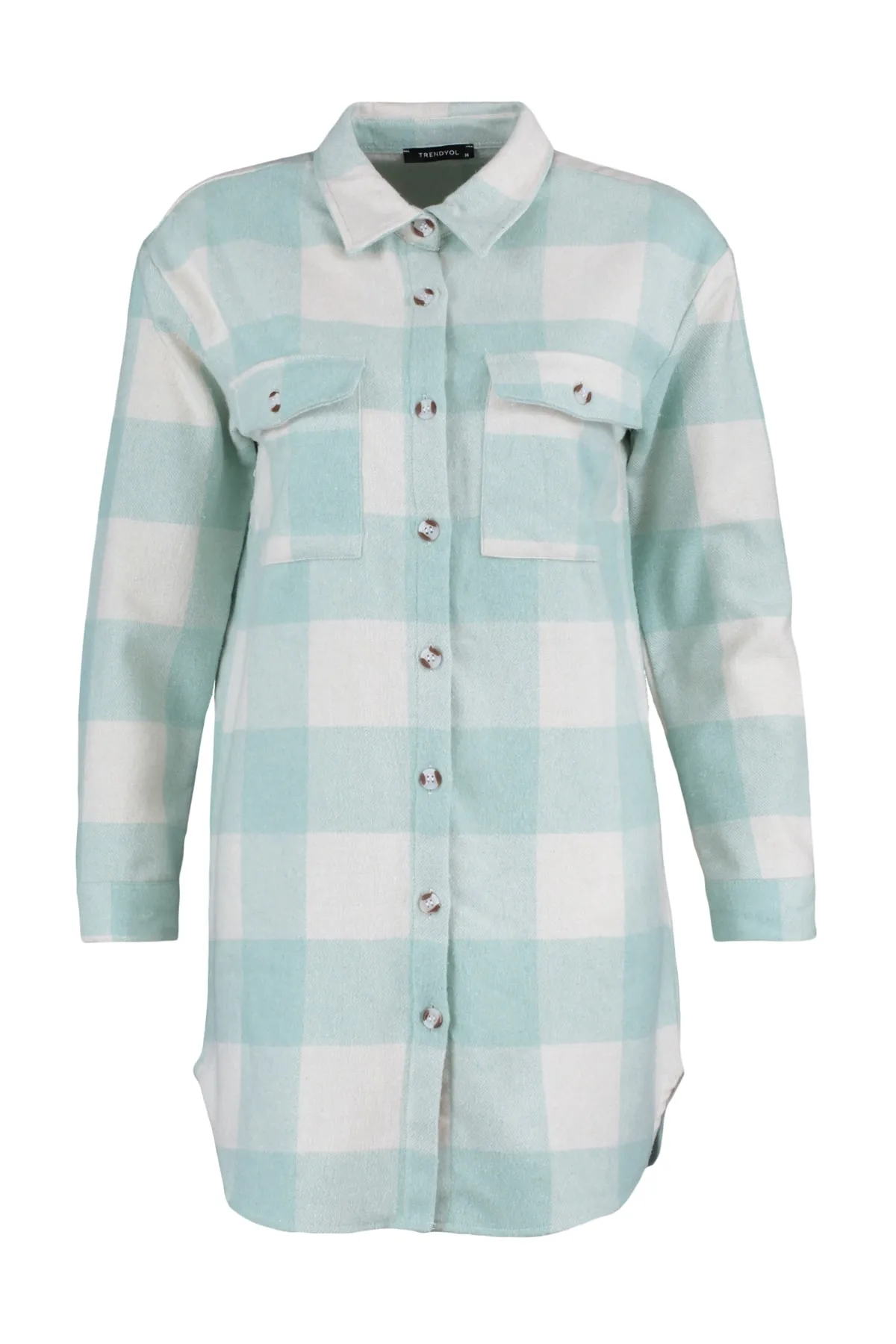 Trendyol Modest  Mintgrünes, kariertes, gemustertes, gewebtes Holzfäller-Winterhemd TCTAW23TG00004