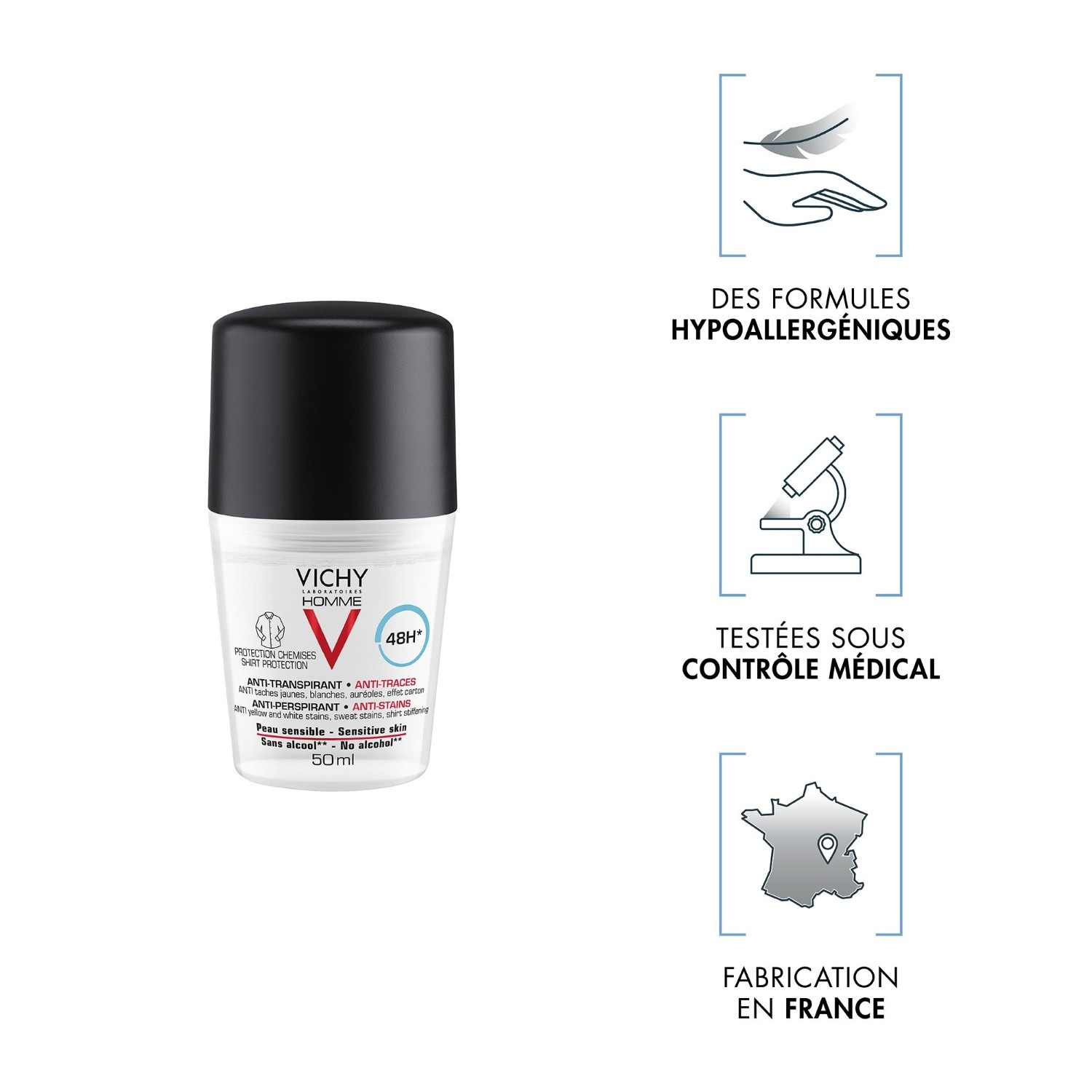 Vichy 2 pakiranja antiperspiranta roll-on protiv mrlja, 48 sati