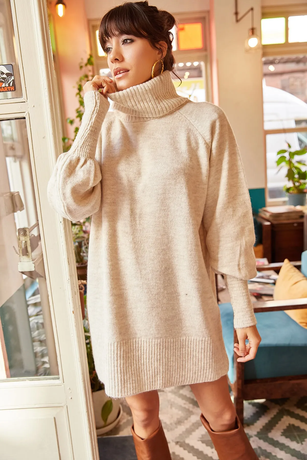 Olalook  Loses Strickkleid mit Rollkragen und Ballonärmeln für Damen in Steinoptik ELB-19000867
