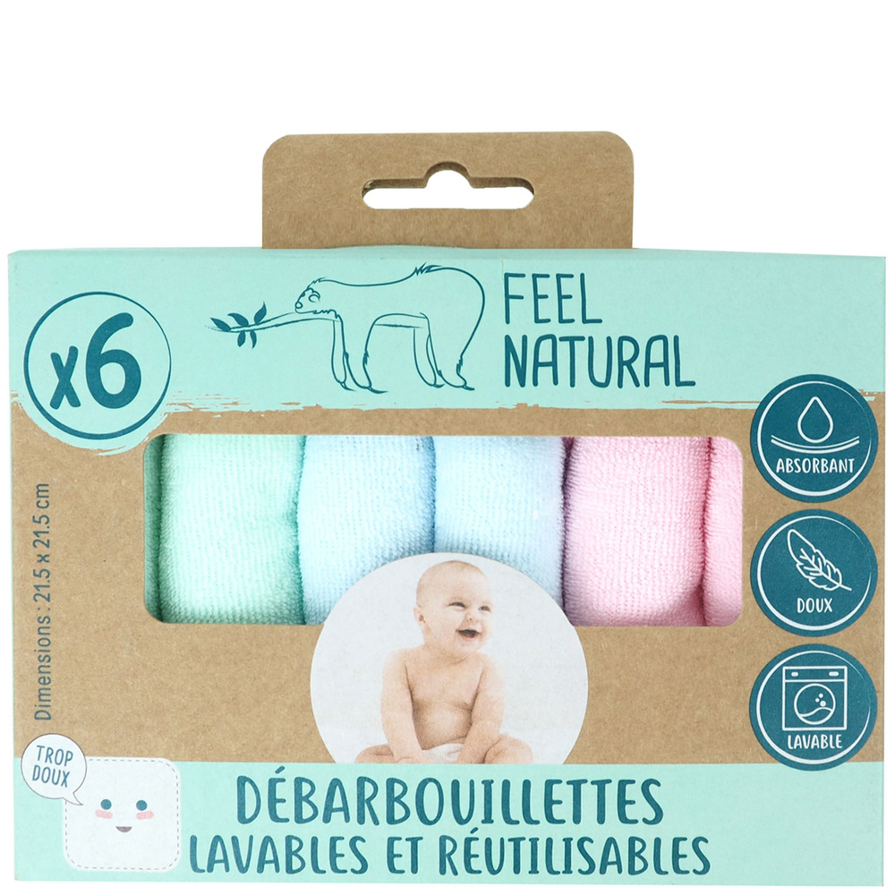 feel natural Lot 6 débarbouillettes Débarbouillettes lavables bébé