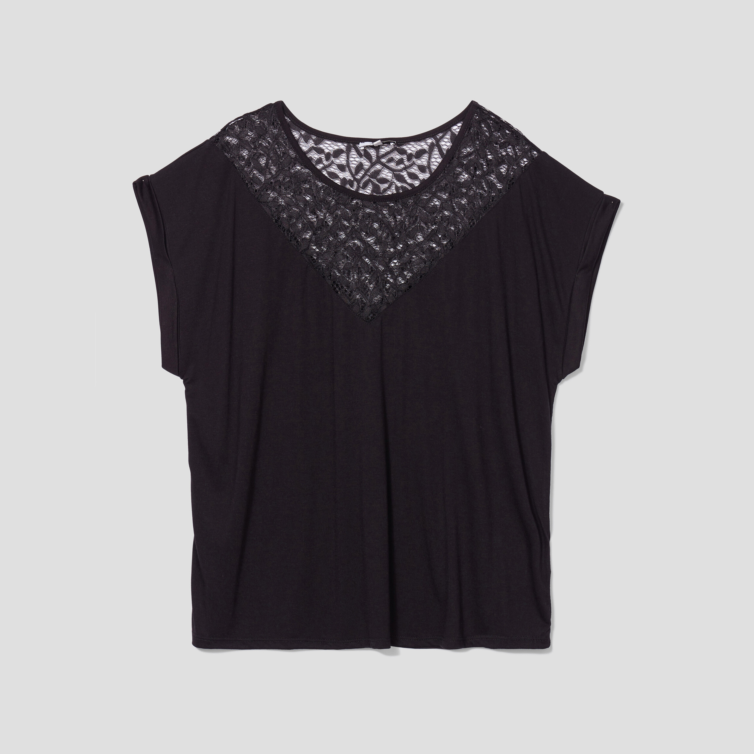 T-shirt col à dentelle Modavista noir femme grande taille | La Halle
