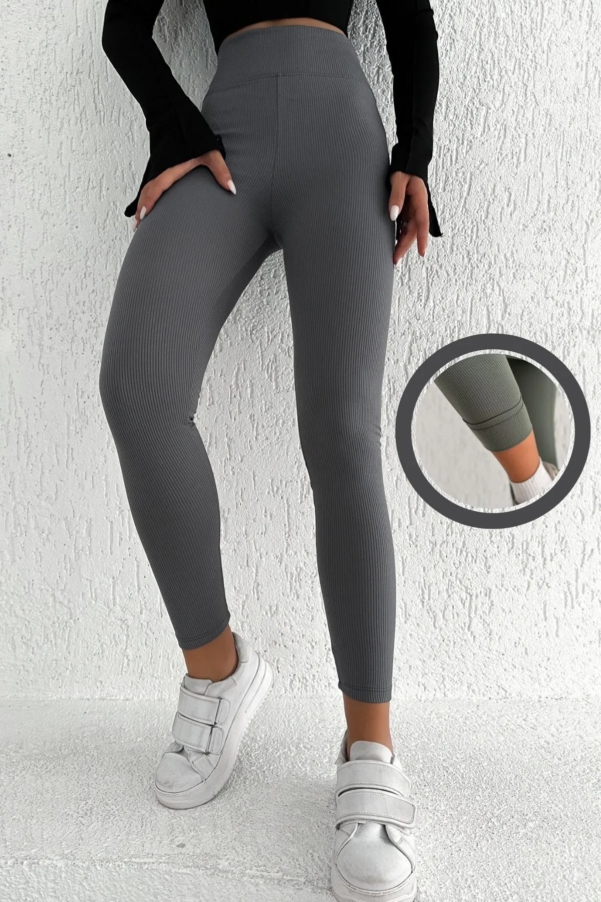 BEJNA  Graue Damen-Fleece-Innenseite, gerippte Strumpfhose mit hoher Taille