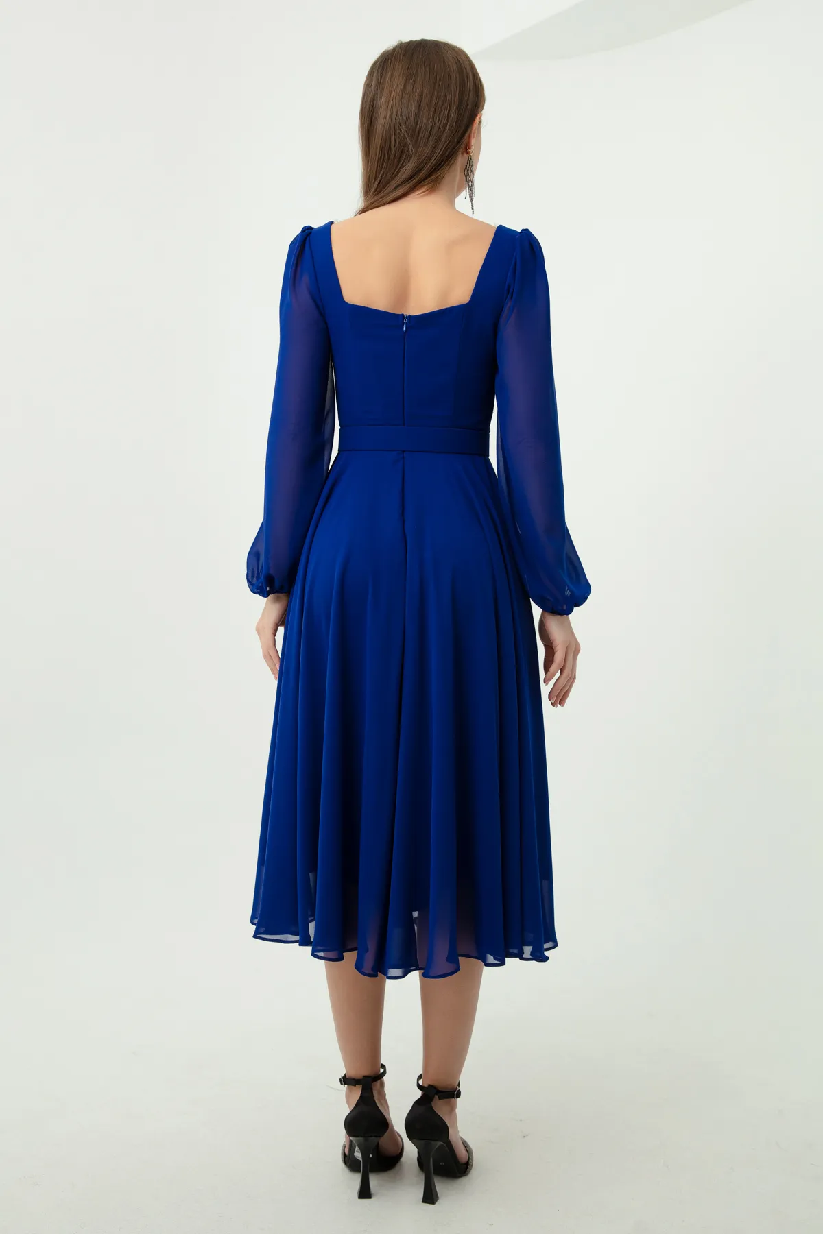 Lafaba  Saks Midi-Chiffon-Abendkleid mit quadratischem Kragen und Gürtel für Damen