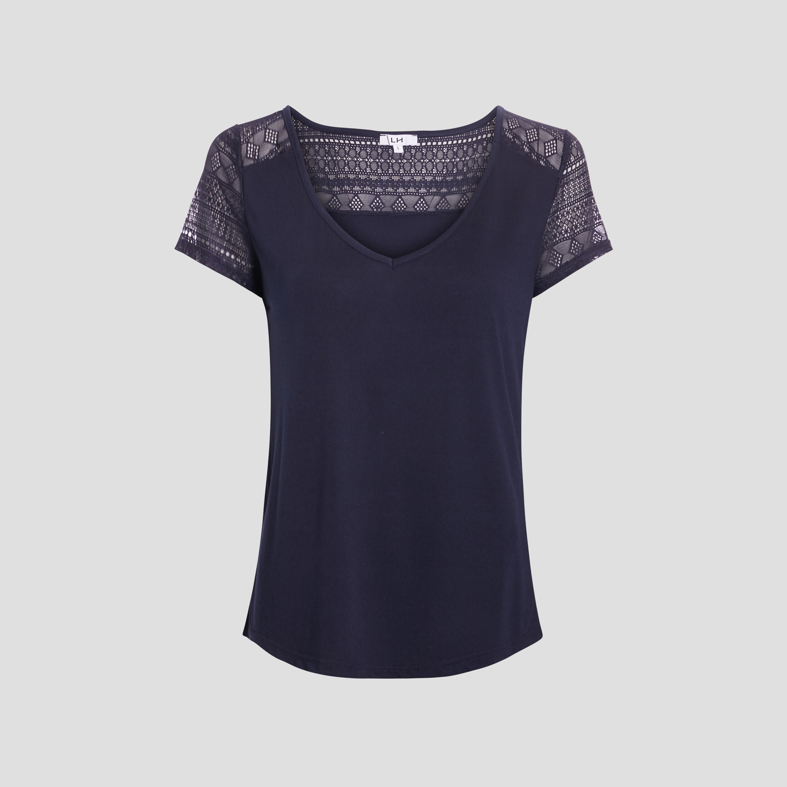 T-shirt manches courtes détail dentelle bleu marine femme | La Halle