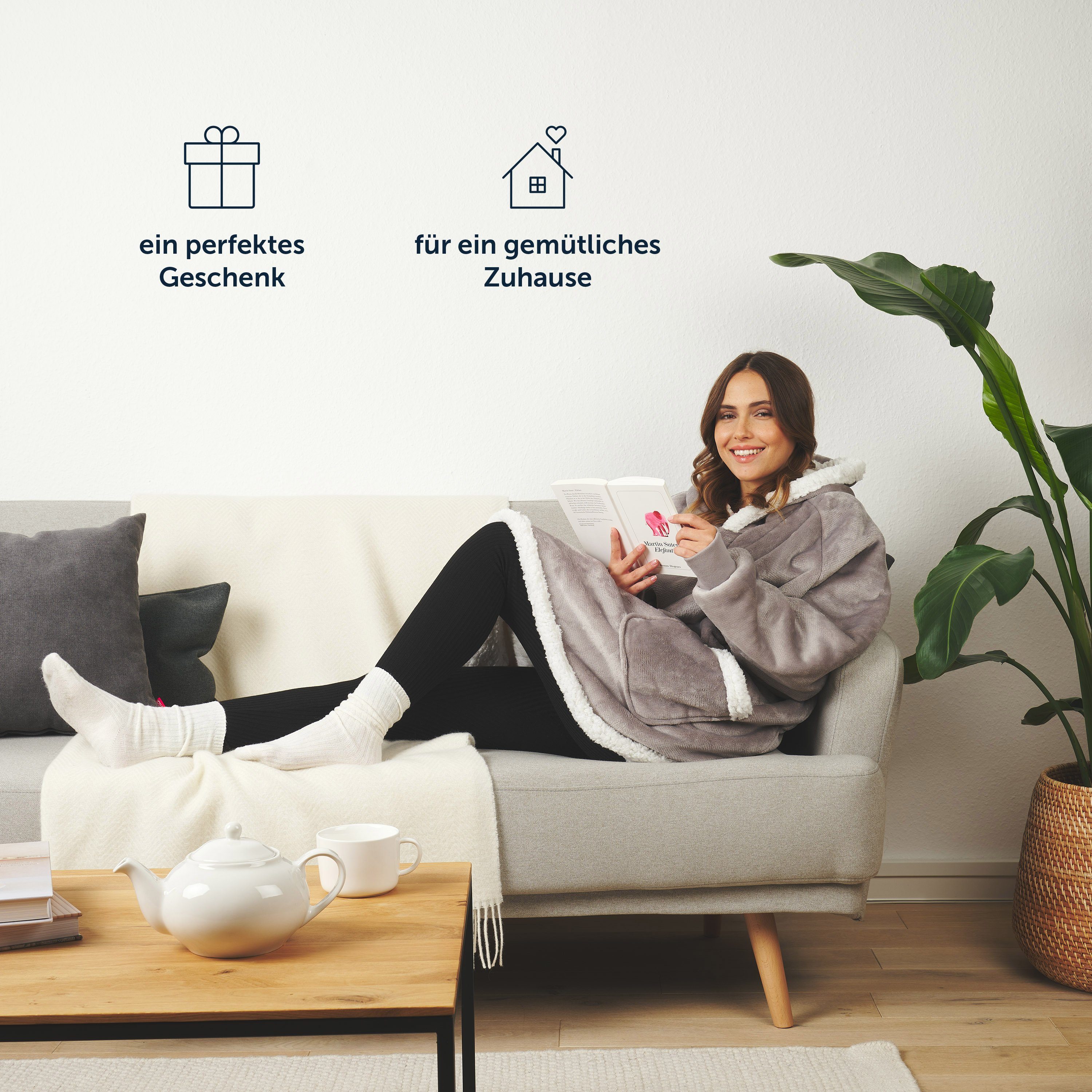 Wohndecke Blumtal Hoodie Decke mit Ärmeln und Kapuze - tragbare Decke mit Ärmeln, Blumtal, Kuscheldecke mit 2 Fronttaschen für maximale Bewegungsfreiheit