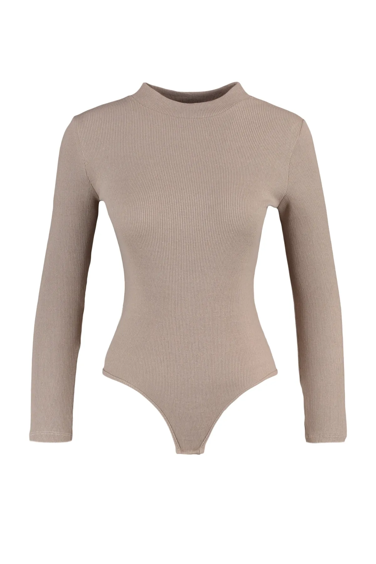 Trendyol Collection  Schmaler, zum Aufstecken geeigneter Body aus geripptem Stretch-Strick mit Stehkragen in Stein TWOAW20BD0011