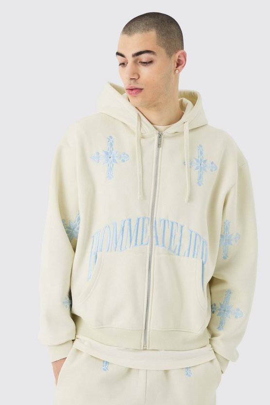 Kastiger Oversize Trainingsanzug mit Reißverschluss und Homme-Stickerei