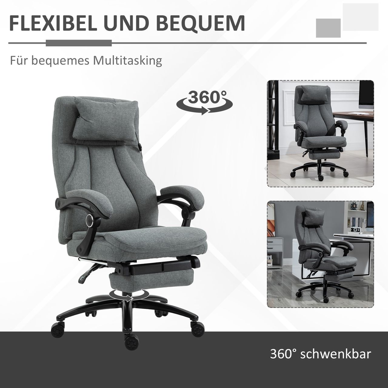 Vinsetto Massagebürostuhl Drehstuhl mit Fußstütze höhenverstellbar Leinen-Gefühl