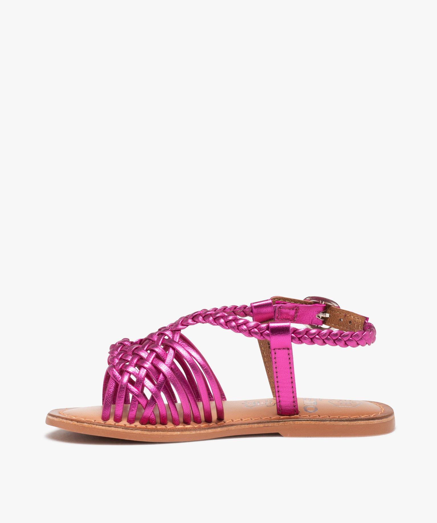 Sandales fille à fines brides en cuir tressées métallisées rose | GEMO