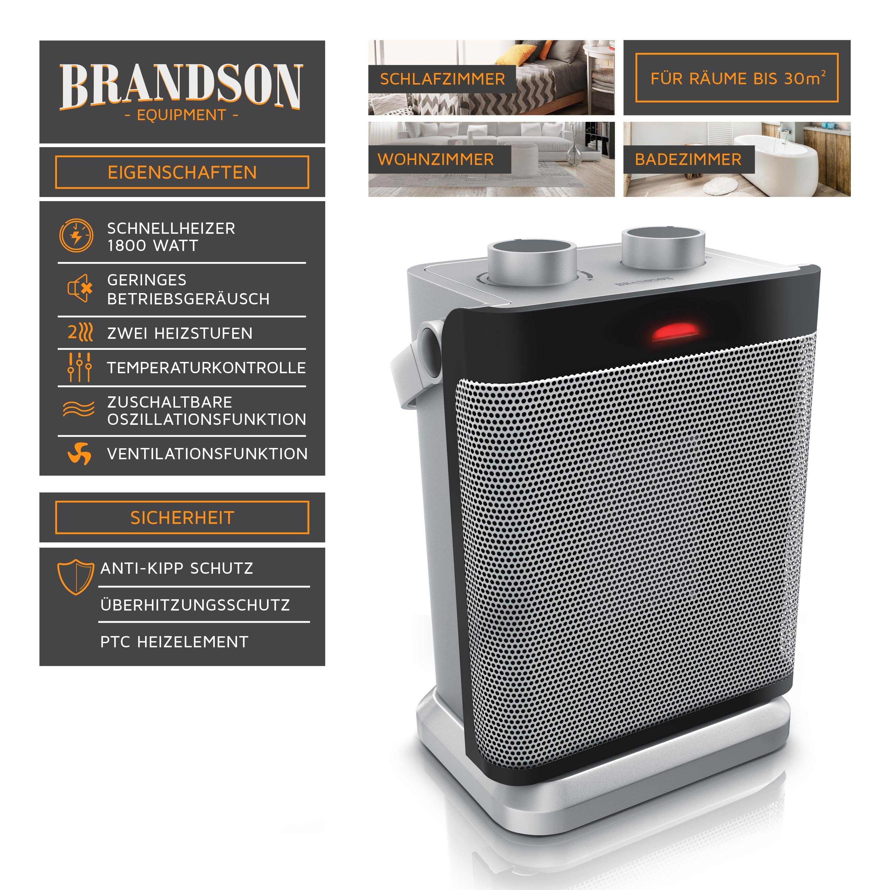 Brandson Keramikheizlüfter, 1800 W, Badezimmer Keramikheizgerät mit Temperaturregelung & Lüfterfunktion