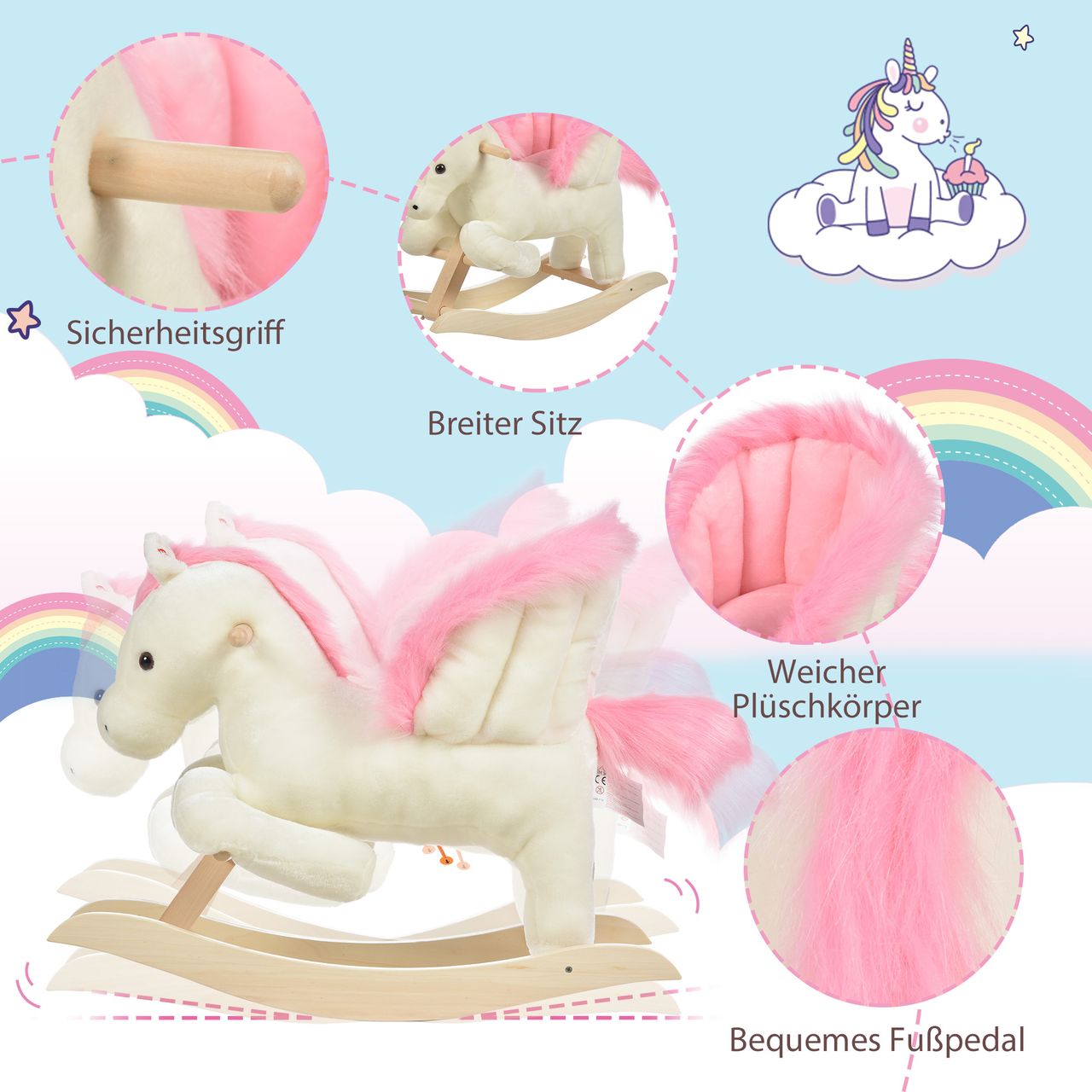 HOMCOM Kinder Schaukelpferd Baby Schaukeltier Pferd mit Tiergeräusche Spielzeug Haltegriffe für 18-36 Monate Plüsch Weiß Rosa 70 x 28 x 57 cm