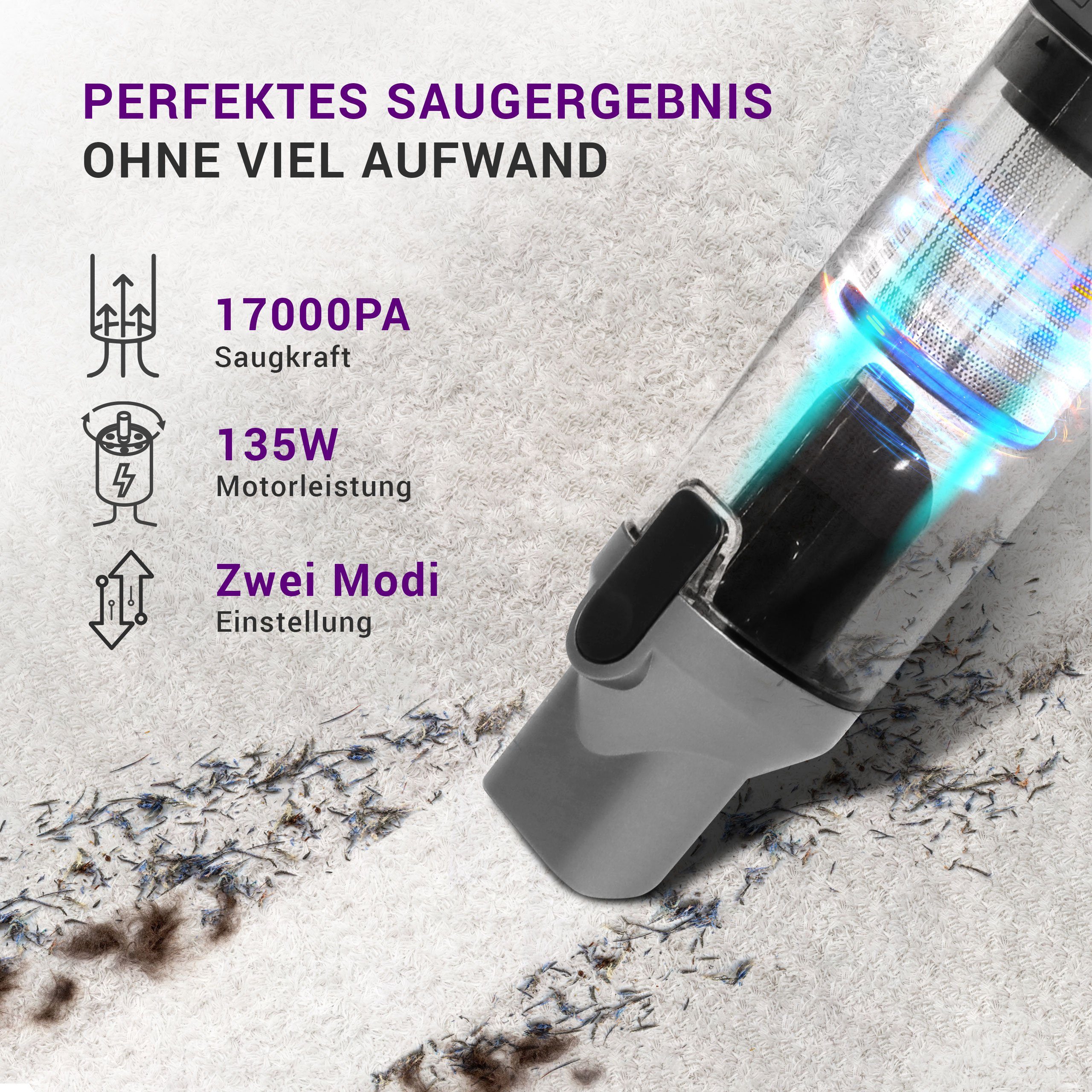 Lebenlang Akku-Handstaubsauger LBL2305, 135,00 W, Beutellos, 17000PA, Zwei Modi Option, Innovatives Display, Viel Zubehör