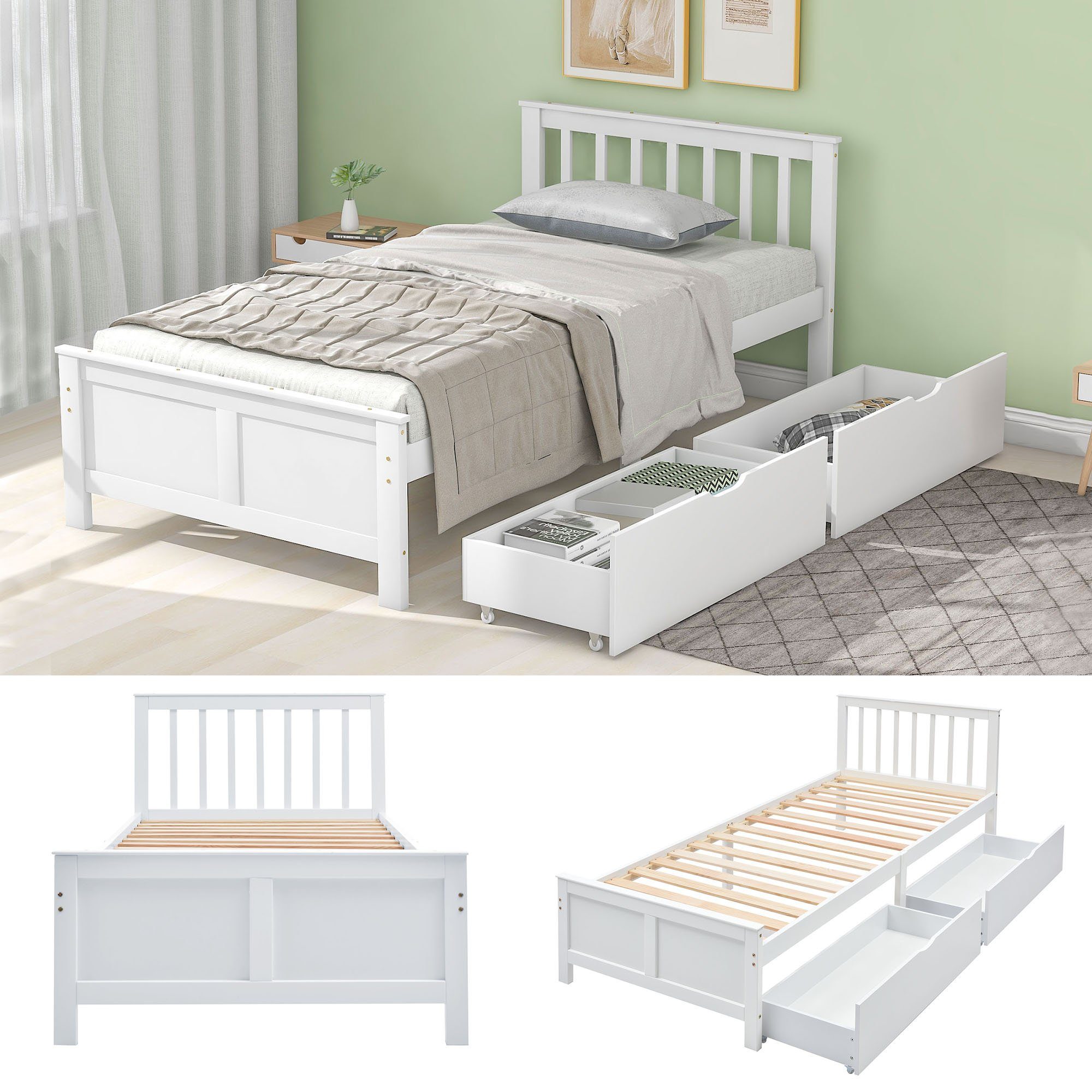 HAUSS SPLOE Holzbett Einzelbett Holzbett Bettrahmen Kinderbett (90x200cm, mit Schubladen zur Aufbewahrung, Rahmen aus Kiefernholz)