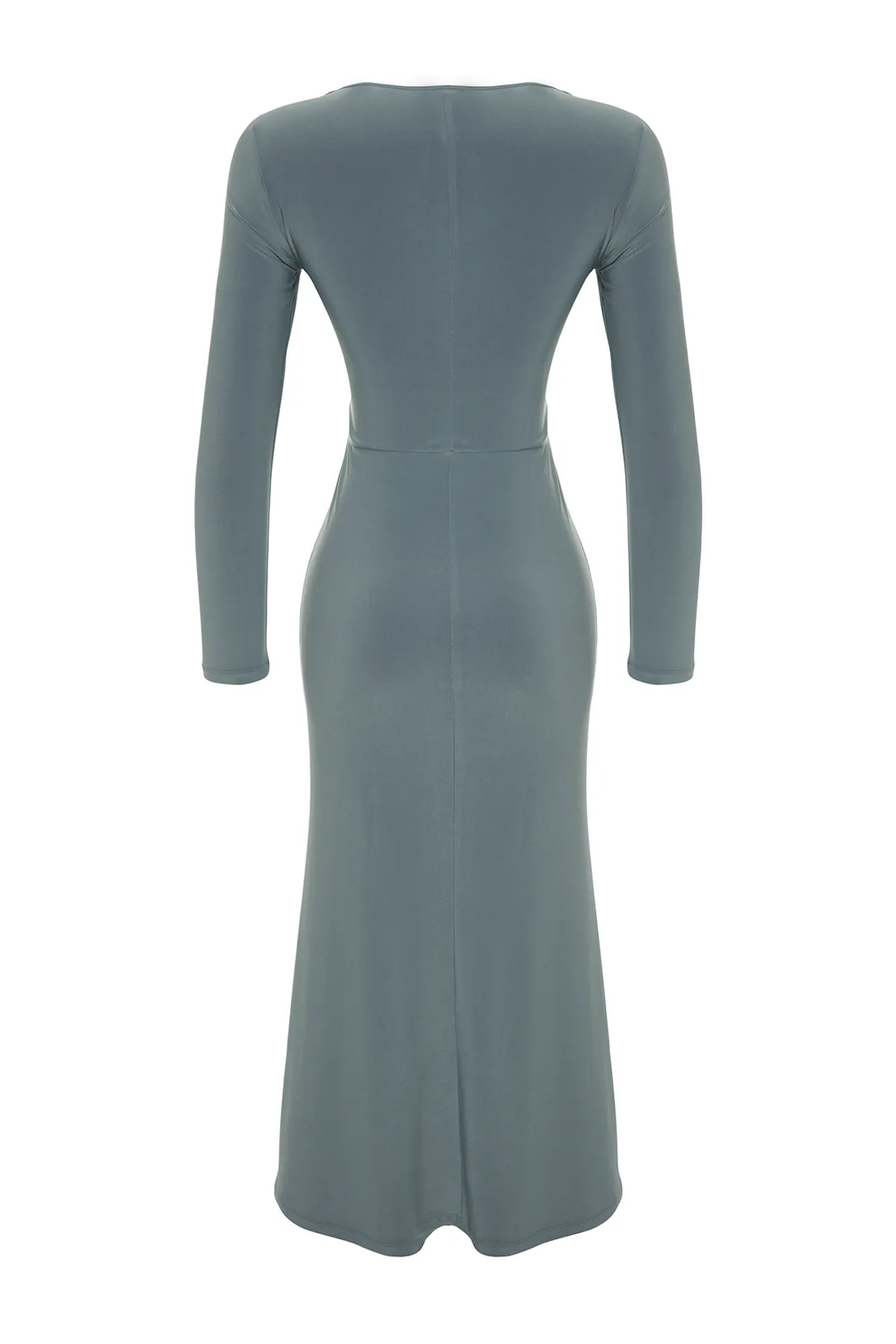 Trendyol Collection  Dunkelgraues, figurbetontes Maxi-Strickkleid mit Volants und quadratischem Ausschnitt TWOAW24EL00613