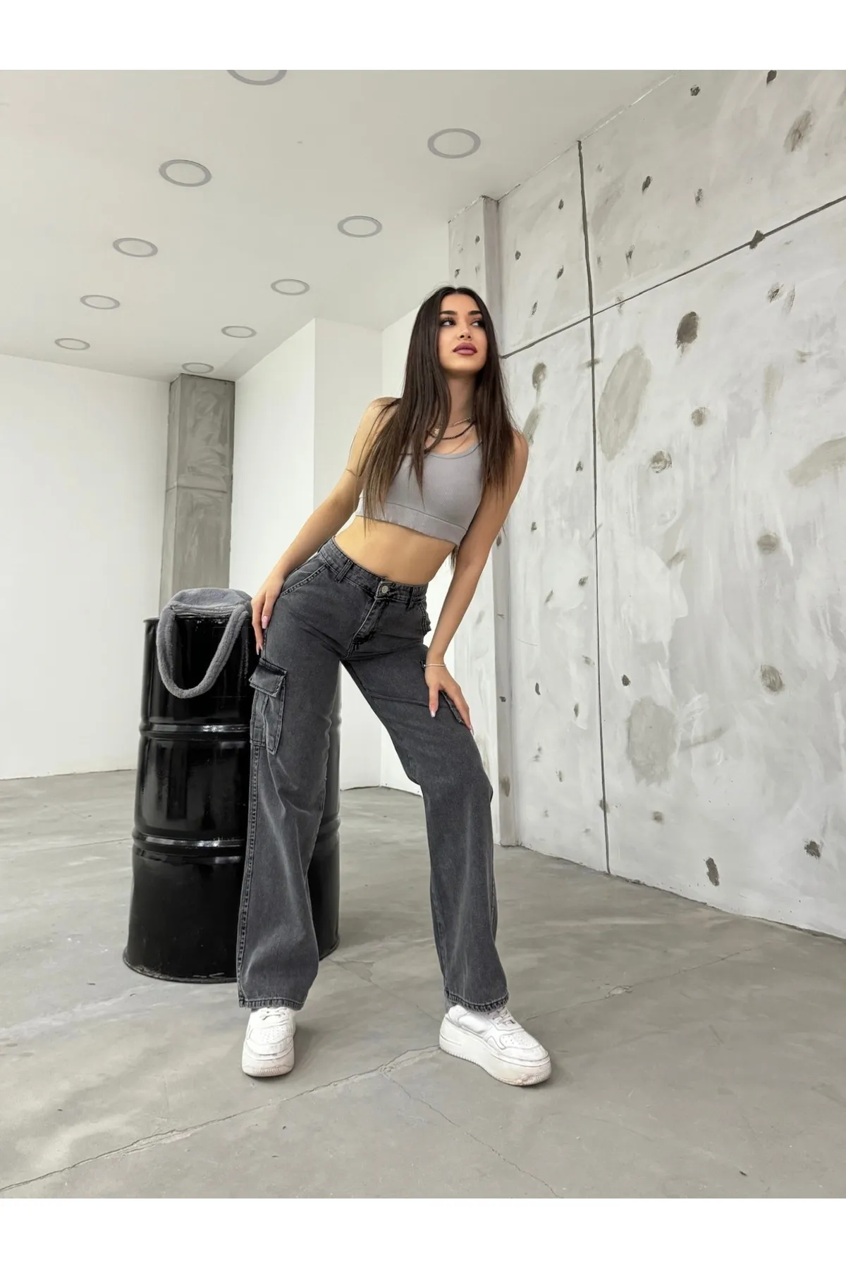 BİKELİFE  Geräucherte Damen-Cargohose mit hoher Taille und weitem Bein