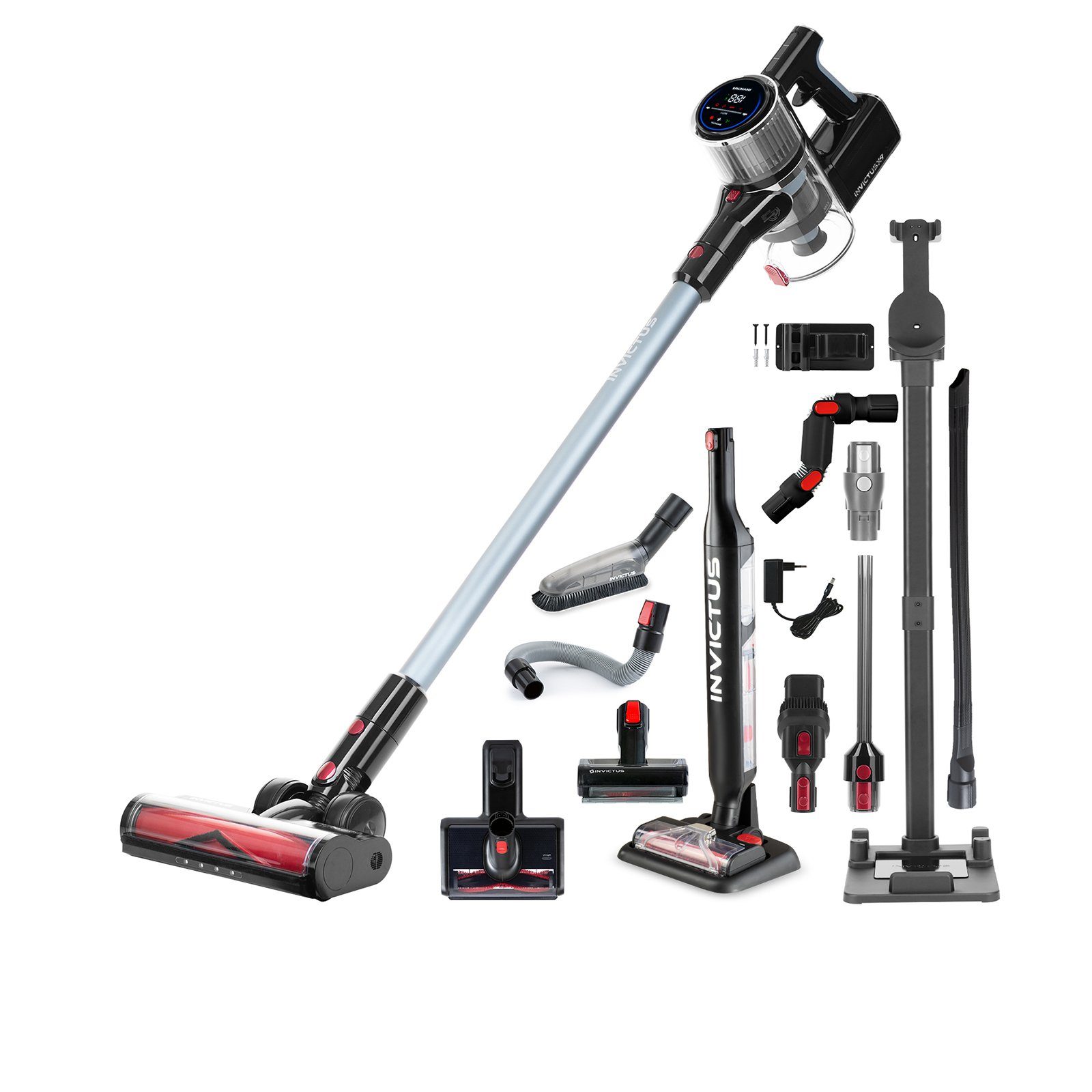 Genius Akku-Hand-und Stielstaubsauger Invictus X9 Facelift Deluxe 26-tlg., Nass- & Trockenreiniger, 450,00 W, beutellos HEPA Filter, Akkusauger bis zu 55 Min Laufzeit Ladestation Bürste Set