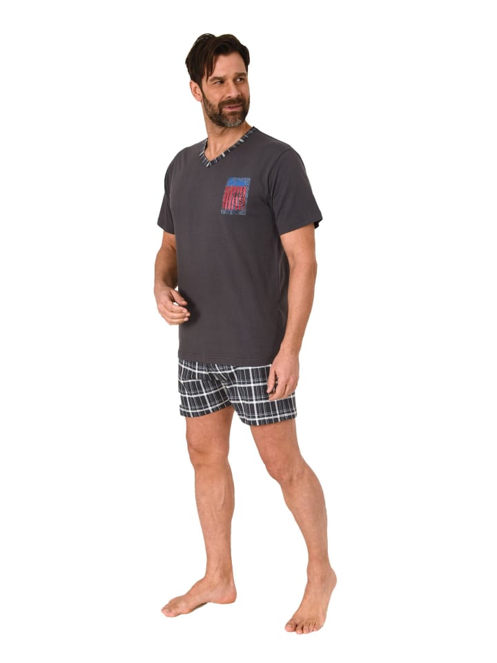 NORMANN Schlafanzug kurzarm Shorty mit karierter Jersey Hose in anthrazit günstig kaufen