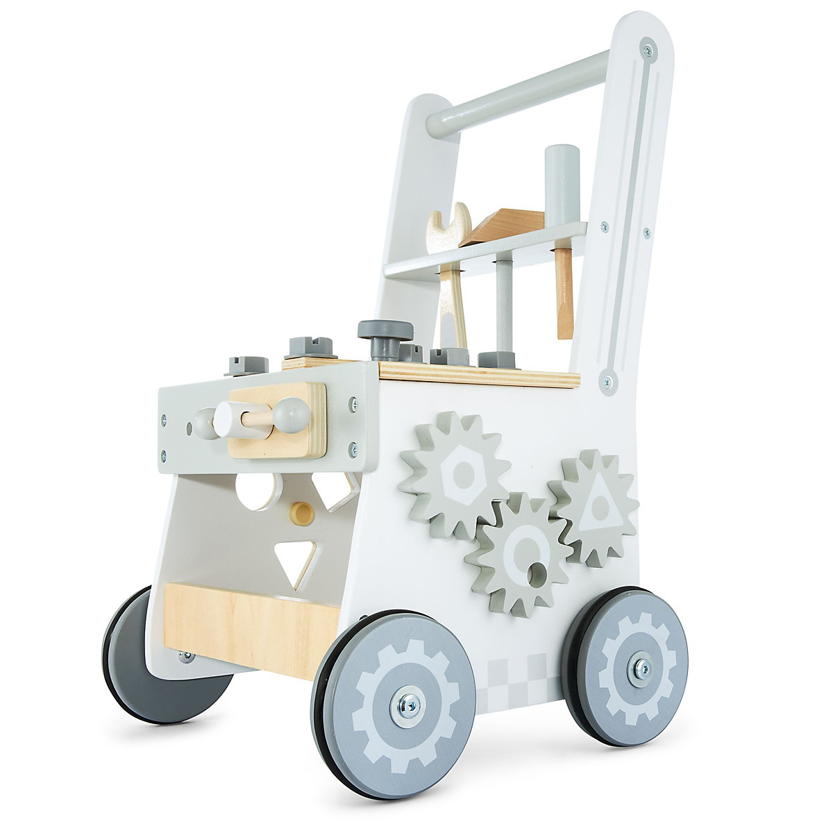 Lauflernwagen aus Holz mit Gummibereifung, Lauflernhilfe-Laufwagen für Kinder, Sortierer, Werkzeugbank für Kinder aus Holz