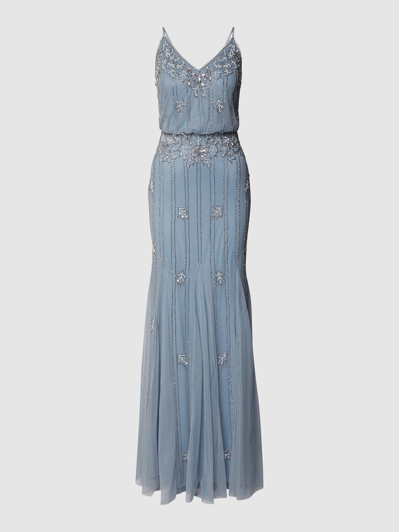 Abendkleid mit Pailletten und Ziersteinen in bleu