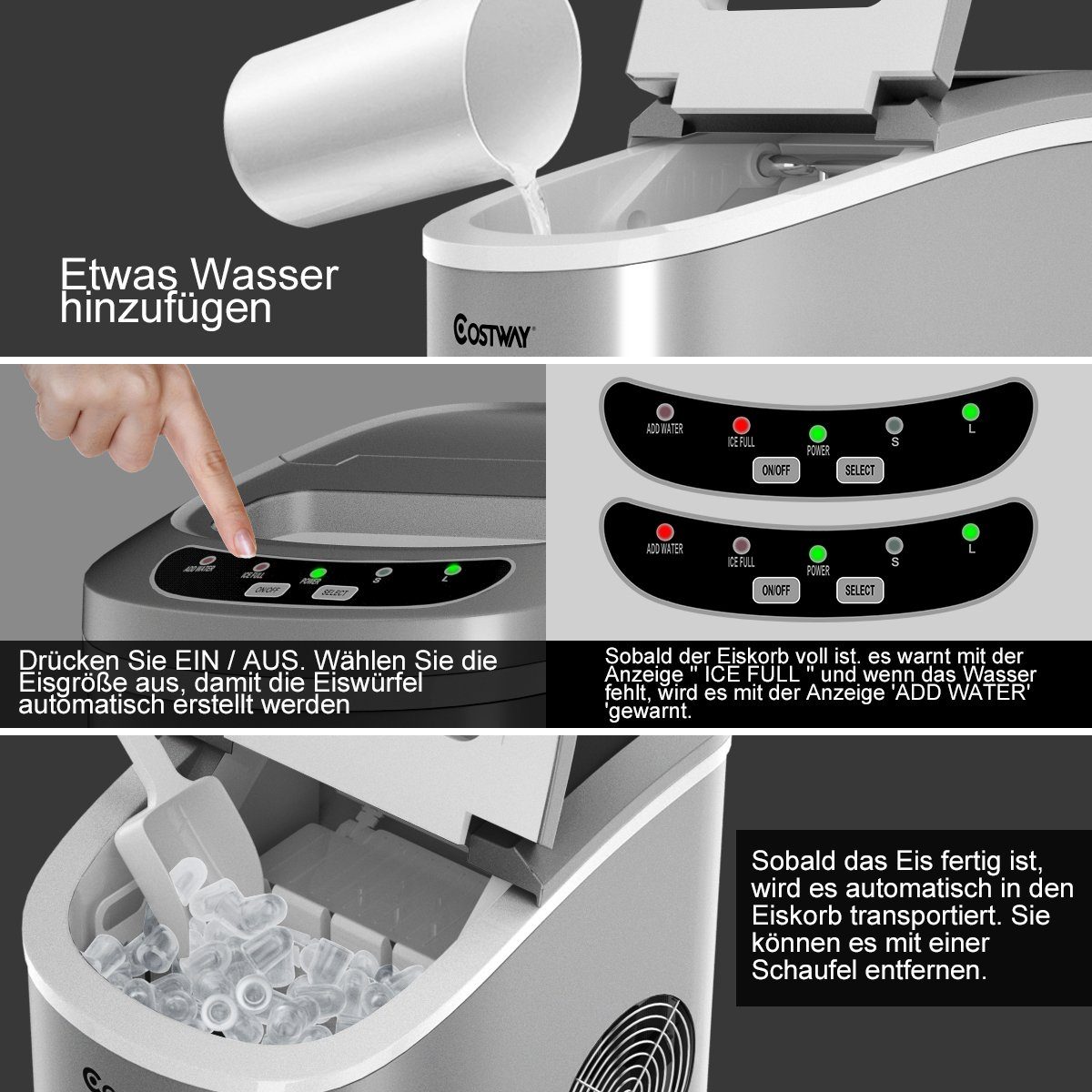 COSTWAY Eiswürfelmaschine, Eiswürfel in 6-13min, 12kg in 24H., 2 Größen