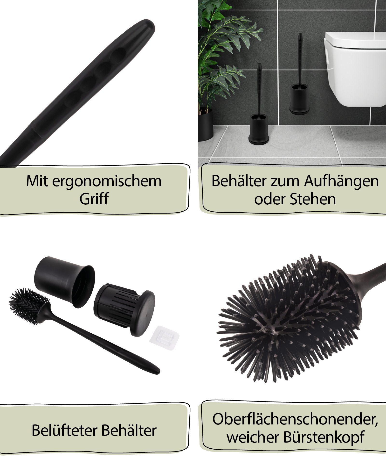 aquaSu WC-Reinigungsbürste Limited, WCs, (Bürstengarnitur, 2-tlg., mit Silikonborsten und Behälter), hygienisch, Wandmontage zum Kleben, ergonomisch, schwarz, 870733