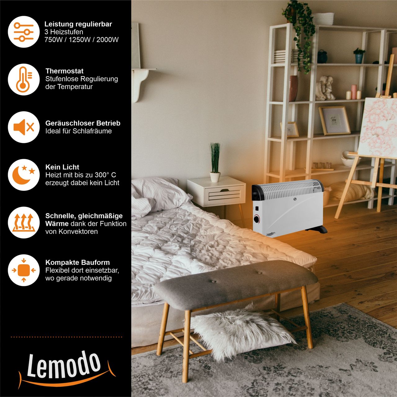 Lemodo Elektroheizung 2000W mit 3 Leistungsstufen