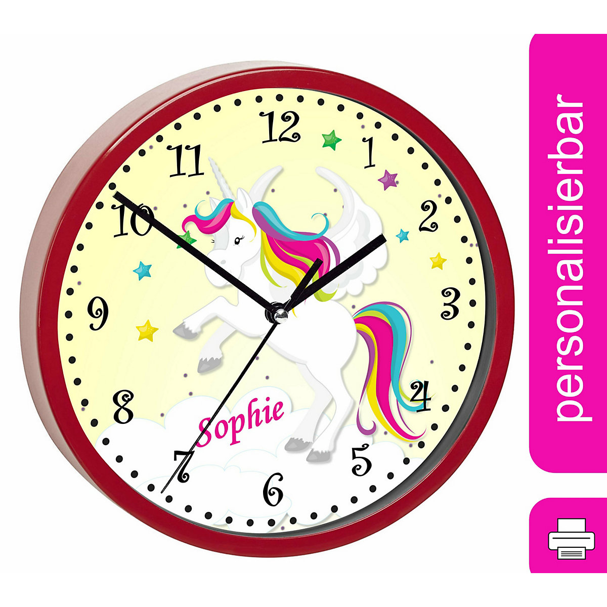 Kinder Wanduhr laufruhig personalisiert mit Name Pegasus Gelb
