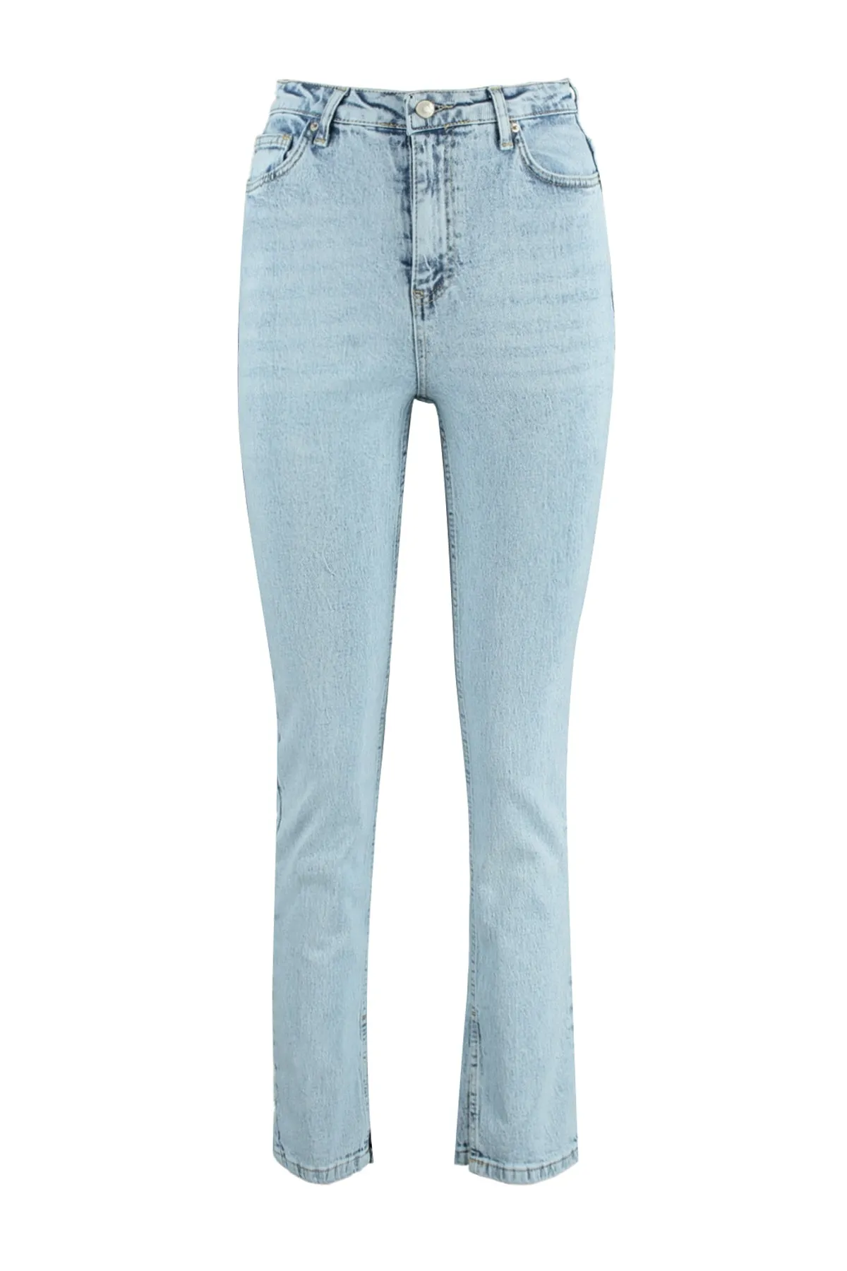 Trendyol Collection  Hellblaue Jeans mit Schlitz und hoher Taille, gerader Schnitt, TWOSS22JE0430