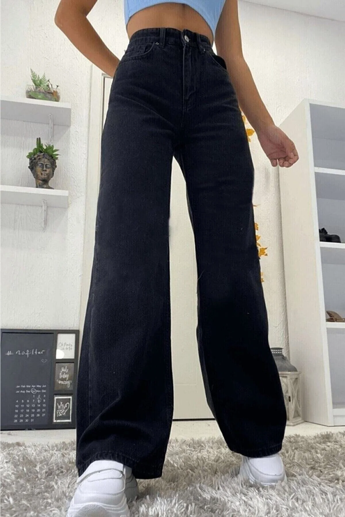 LİMABEL  Schwarze Jeanshose mit hoher Taille, schwarze, lockere Jeans, flexibler Lycra-Palazzo