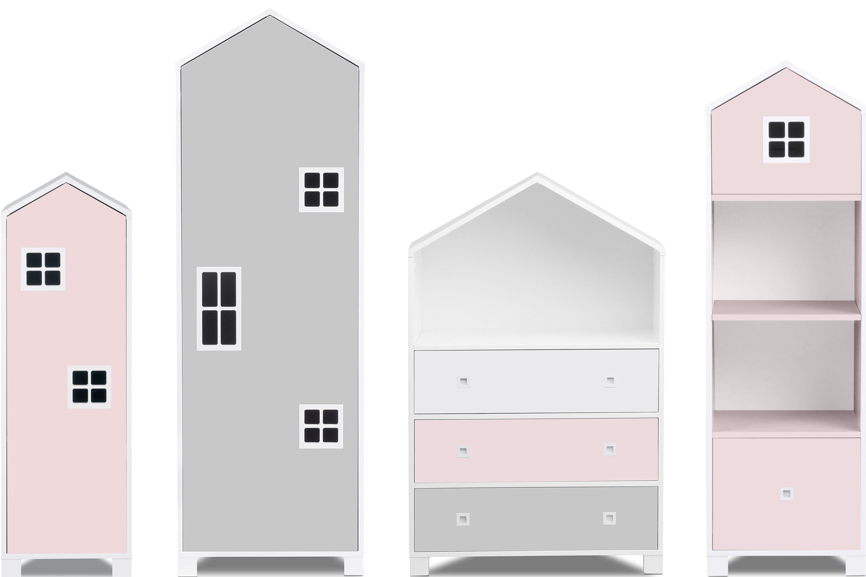 Konsimo Babyzimmer-Komplettset MIRUM Kindermöbel-Set Komplett-Kinderzimmer, (4-St., Komplett-Kinderzimmer), Kommode, Bücherregal, 2x Kleiderschrank