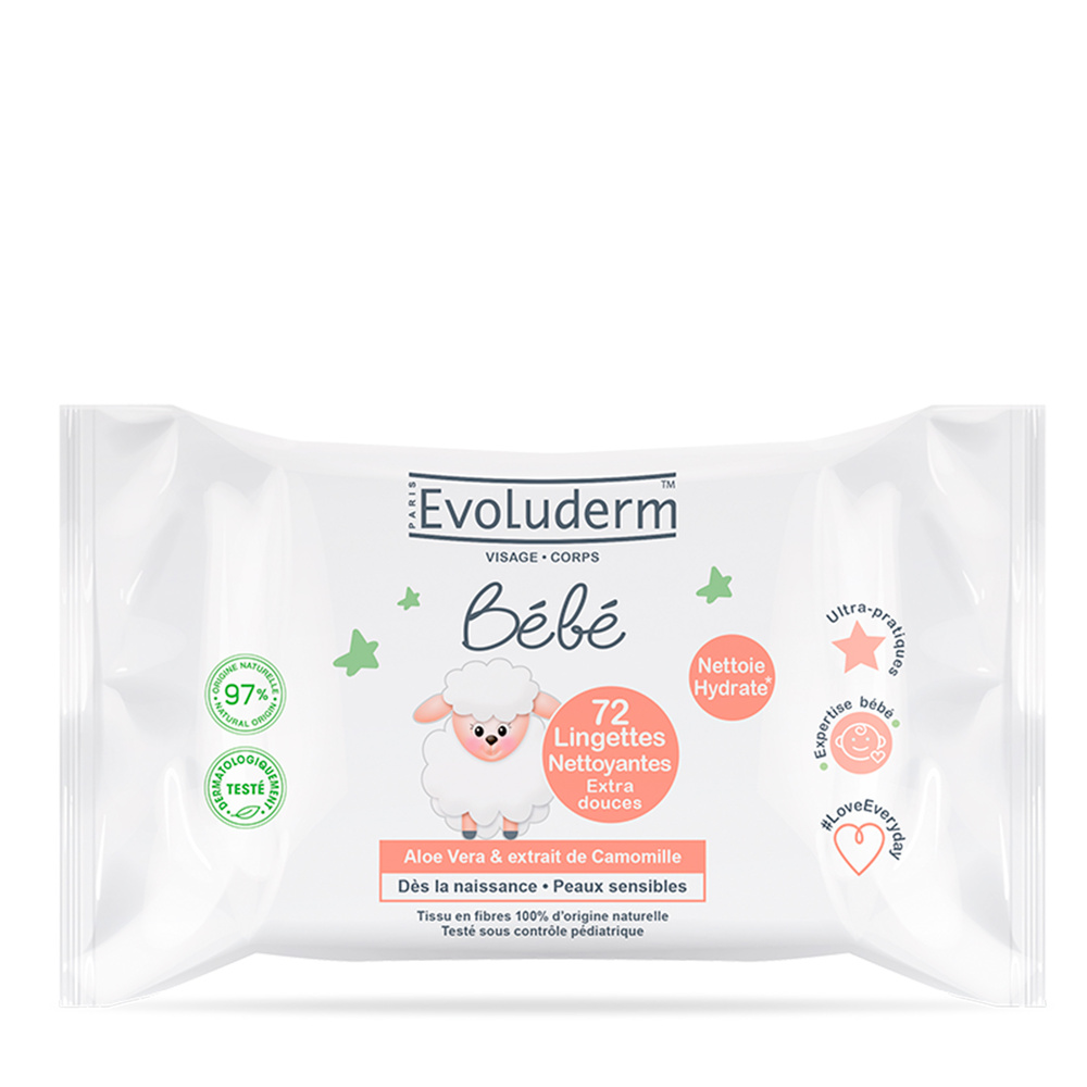evoluderm Bébé 72 Lingettes Bébé Nettoyantes Extra-douces Peaux sensibles
