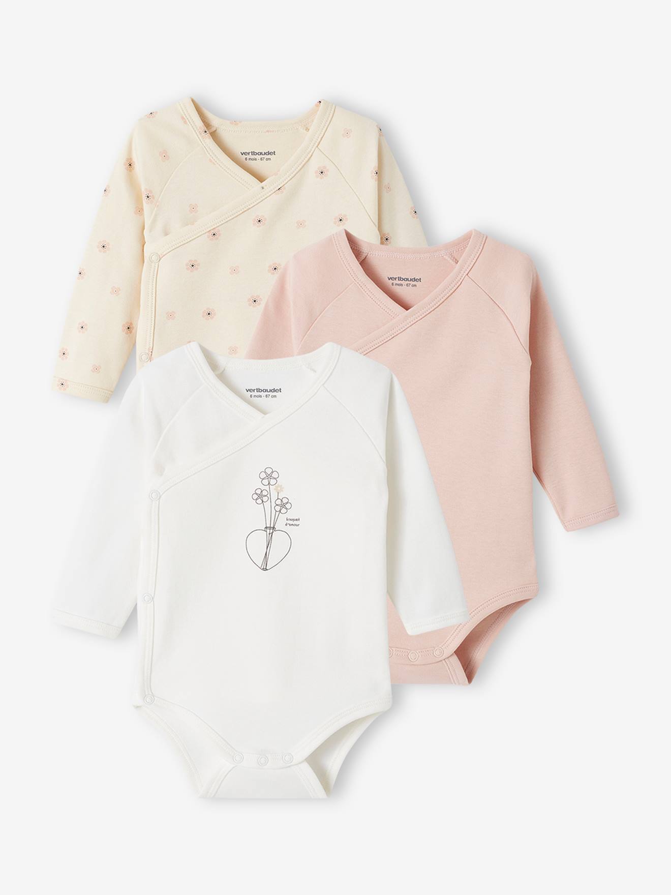 Lot de 3 bodies bouquets bébé manches longues ouverture naissance rose poudré