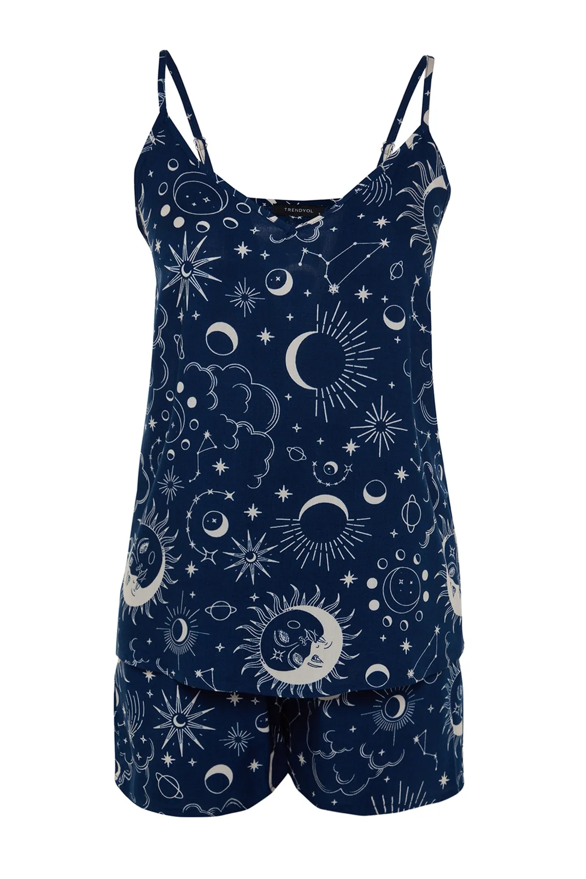 Trendyol Collection  Pyjama-Set aus Viskosegewebe mit Seilträgern und indigoblauem Galaxy-Muster THMSS23PT00006