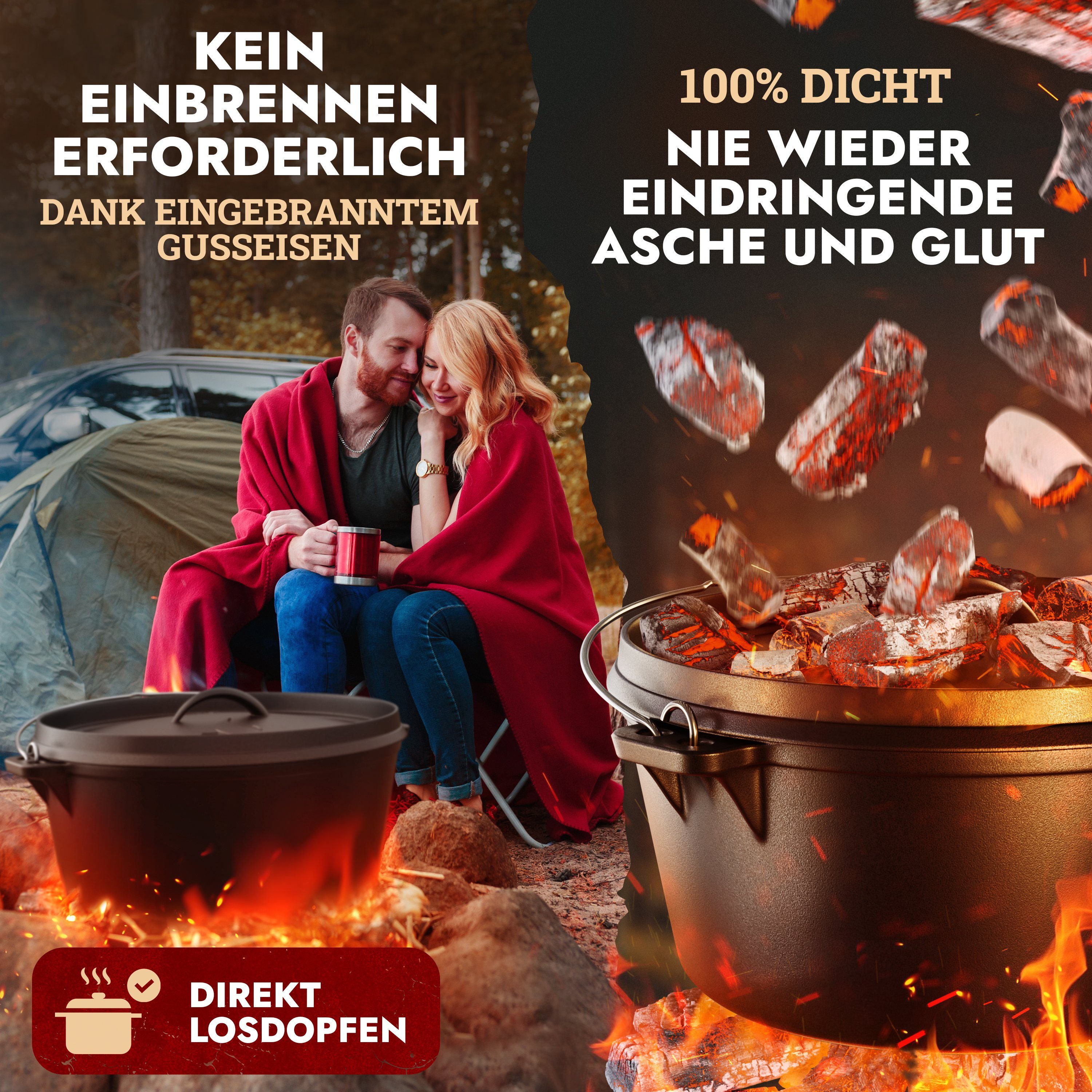 Funkenflug Feuertopf Eingebrannter Dutch Oven [8QT], Gusseisen (Rustikales Dutch Oven Set, 5-tlg., BBQ Feuertopf aus massivem & dickwandigen Gusseisen), inkl. Transporttasche, Deckelheber, Ringreiniger & Rezepte E-Book